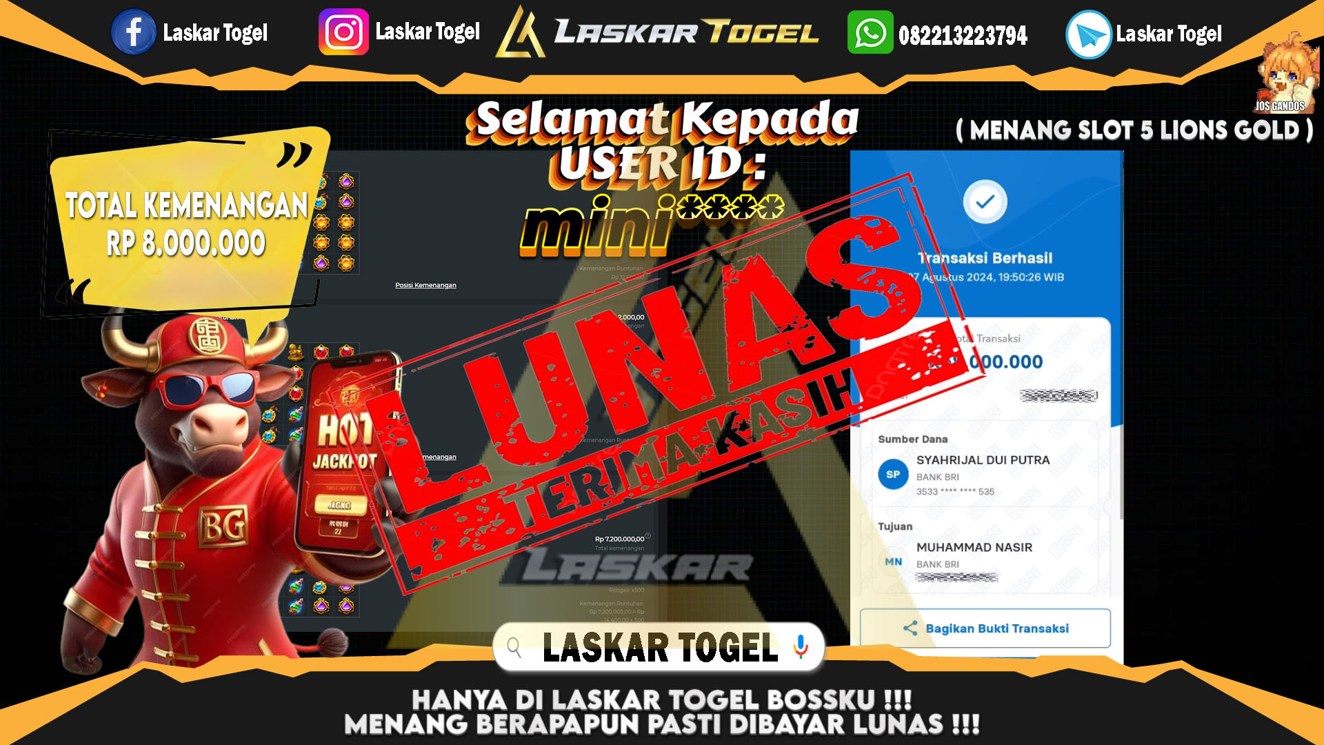 LASKARTOGEL JACKPOT TOGEL TOTO MACAU Rp.5.000.000.,- LUNAS