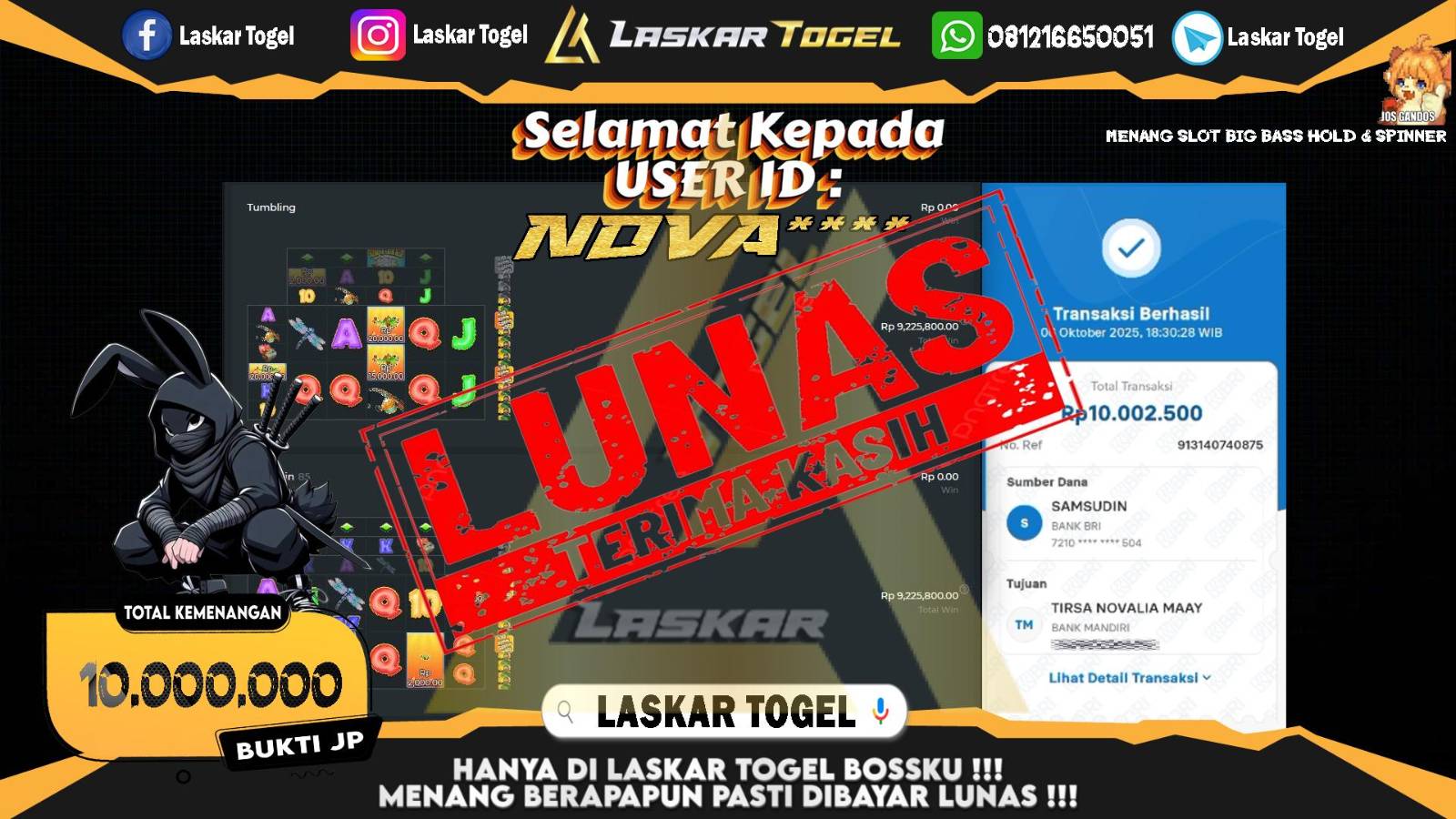 LASKARTOGEL JACKPOT SLOT BIG BASS HOLD & SPINNER Rp.10.000.000,- LUNAS