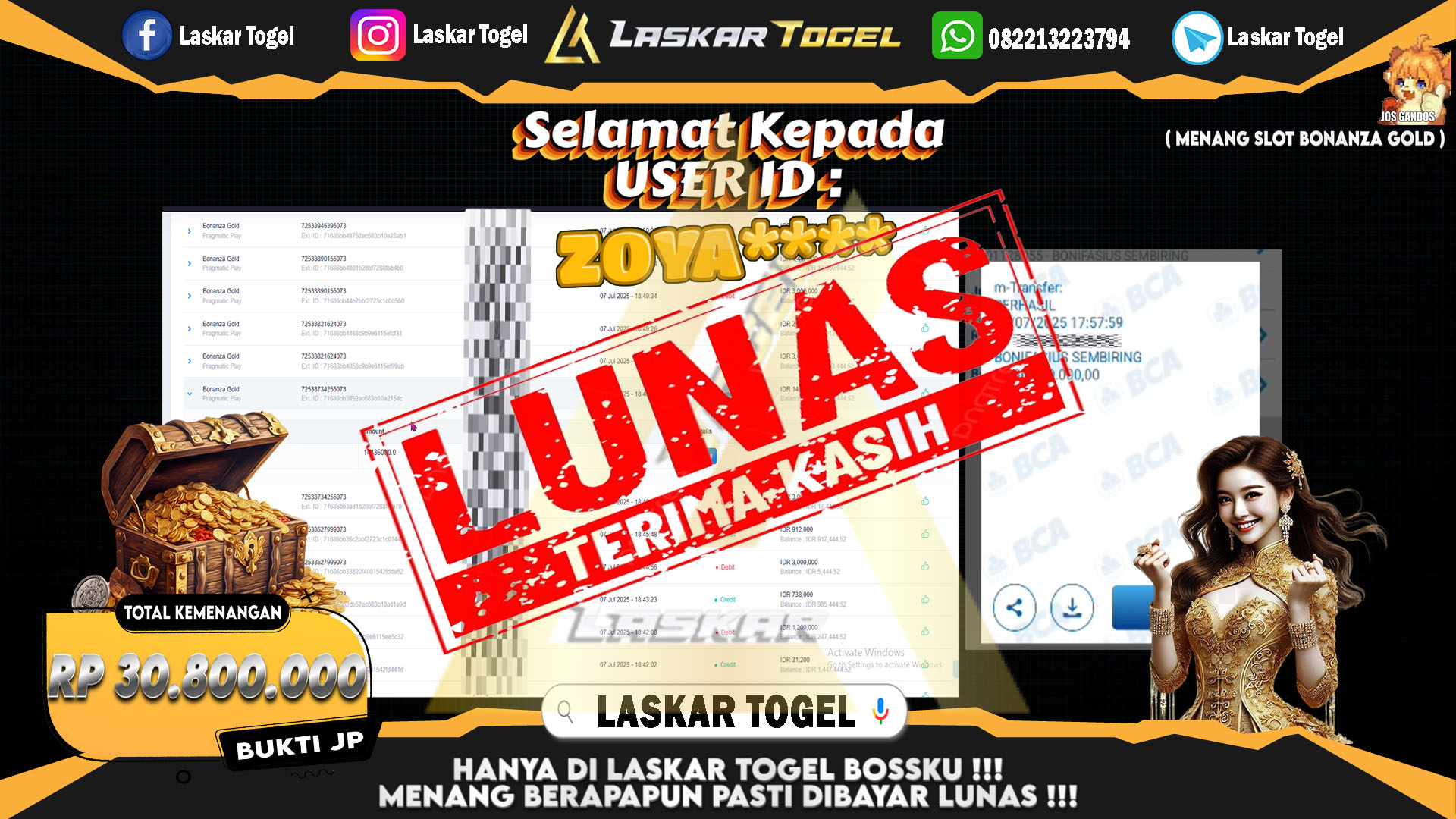 LASKARTOGEL JACKPOT SLOT BONANZA GOLD Rp.30.800.000.,- LUNAS