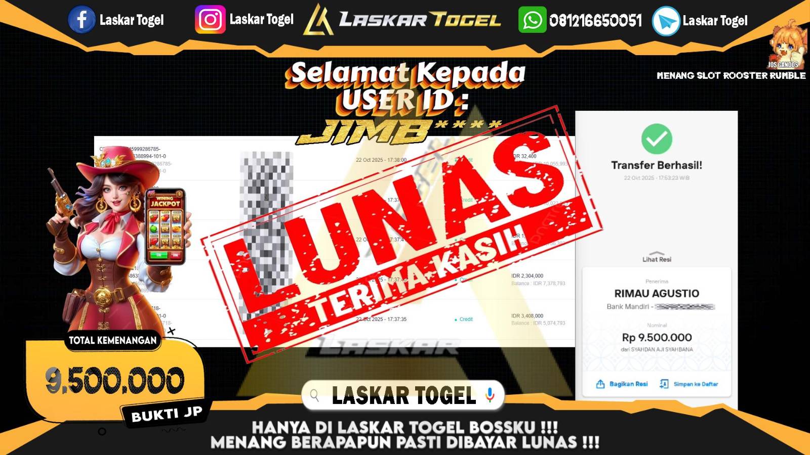 LASKARTOGEL JACKPOT SLOT ROOSTER RUMBLE Rp.9.500.000,- LUNAS