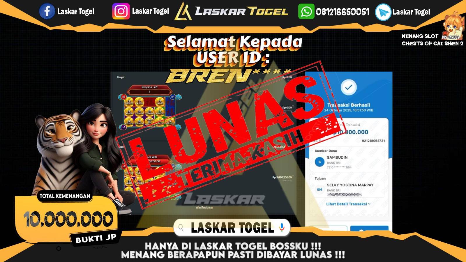 LASKARTOGEL JACKPOT SLOT CHESTS OF CAI SHEN 2 Rp.10.000.000,- LUNAS