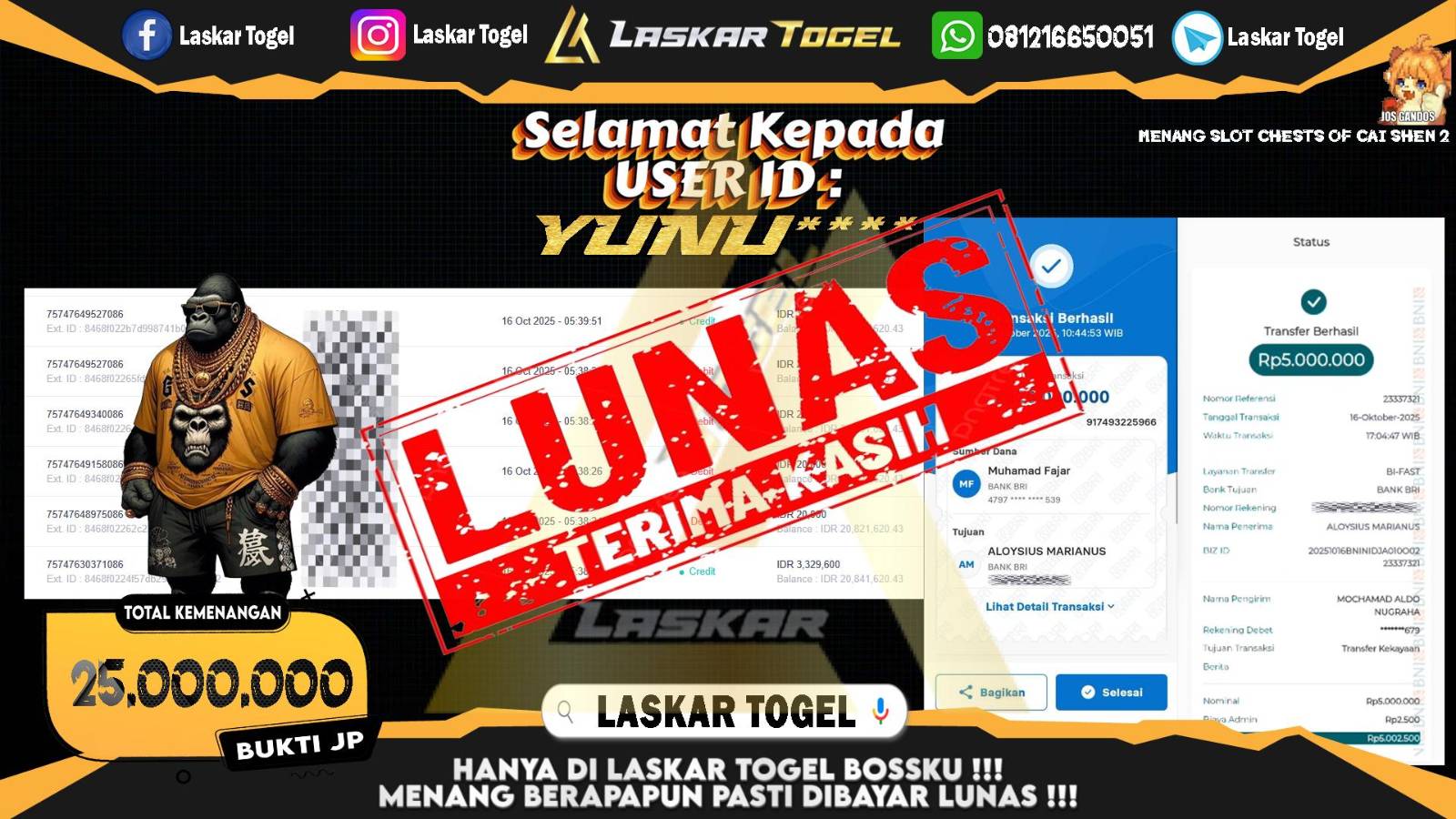 LASKARTOGEL JACKPOT SLOT CHESTS OF CAI SHEN 2 Rp.25.000.000,- LUNAS