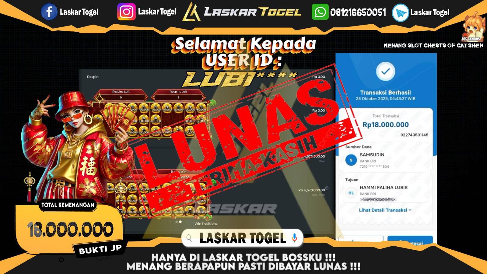 LASKARTOGEL JACKPOT SLOT CHESTS OF CAI SHEN Rp.18.000.000,- LUNAS