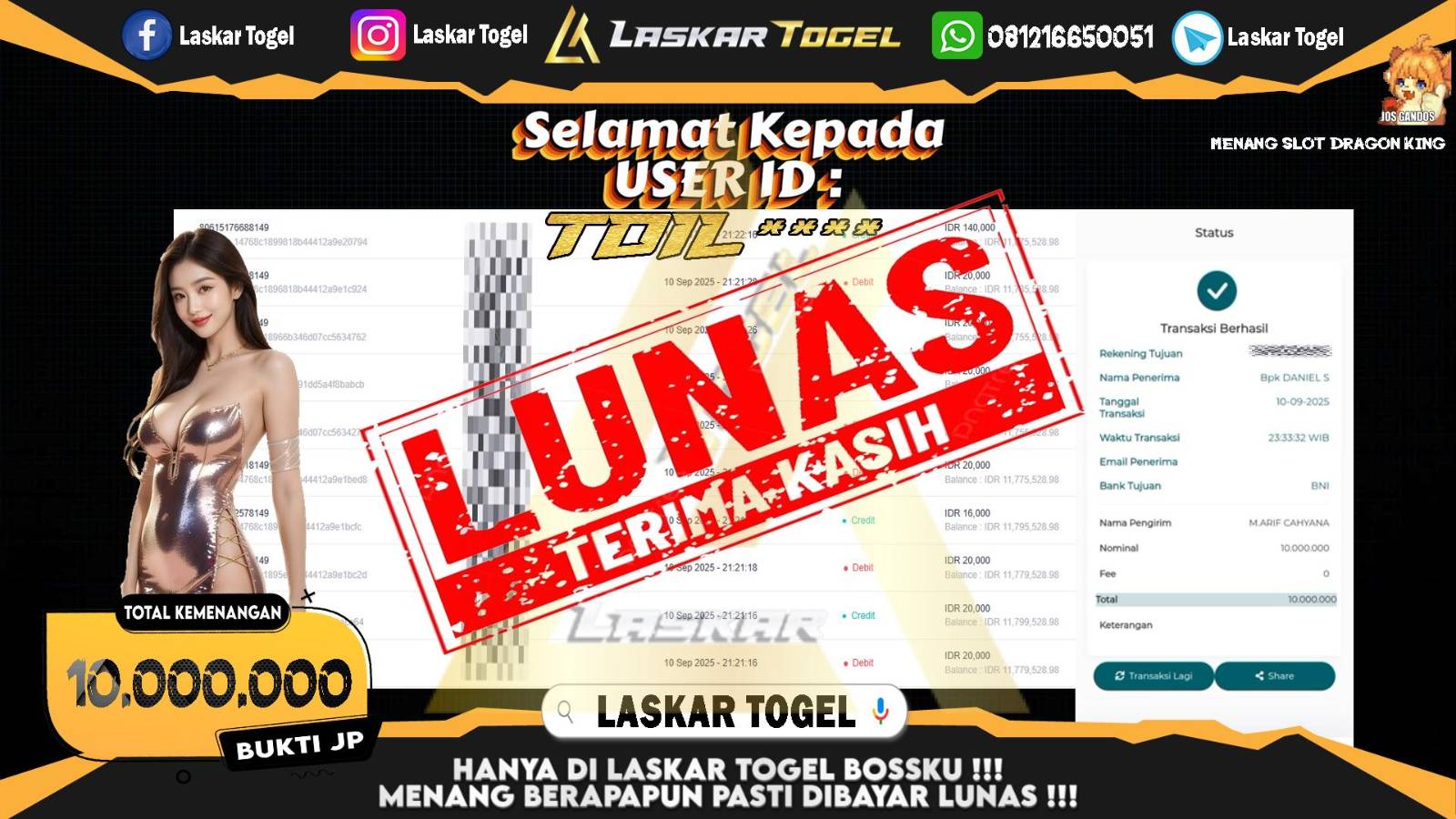 LASKARTOGEL JACKPOT SLOT DRAGON KING Rp.10.000.000,- LUNAS