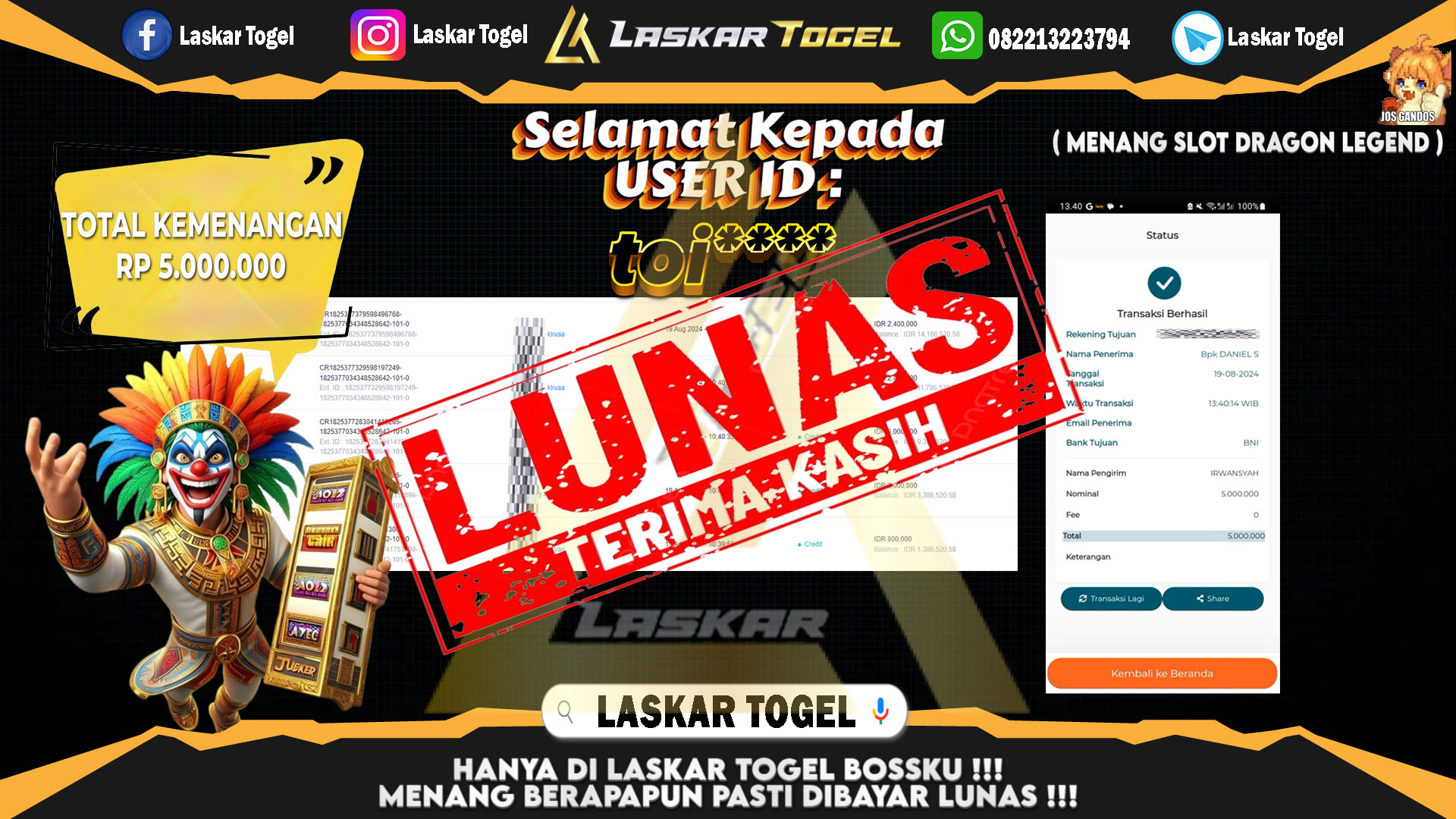 LASKARTOGEL JACKPOT TOGEL TOTO MACAU Rp.5.000.000.,- LUNAS
