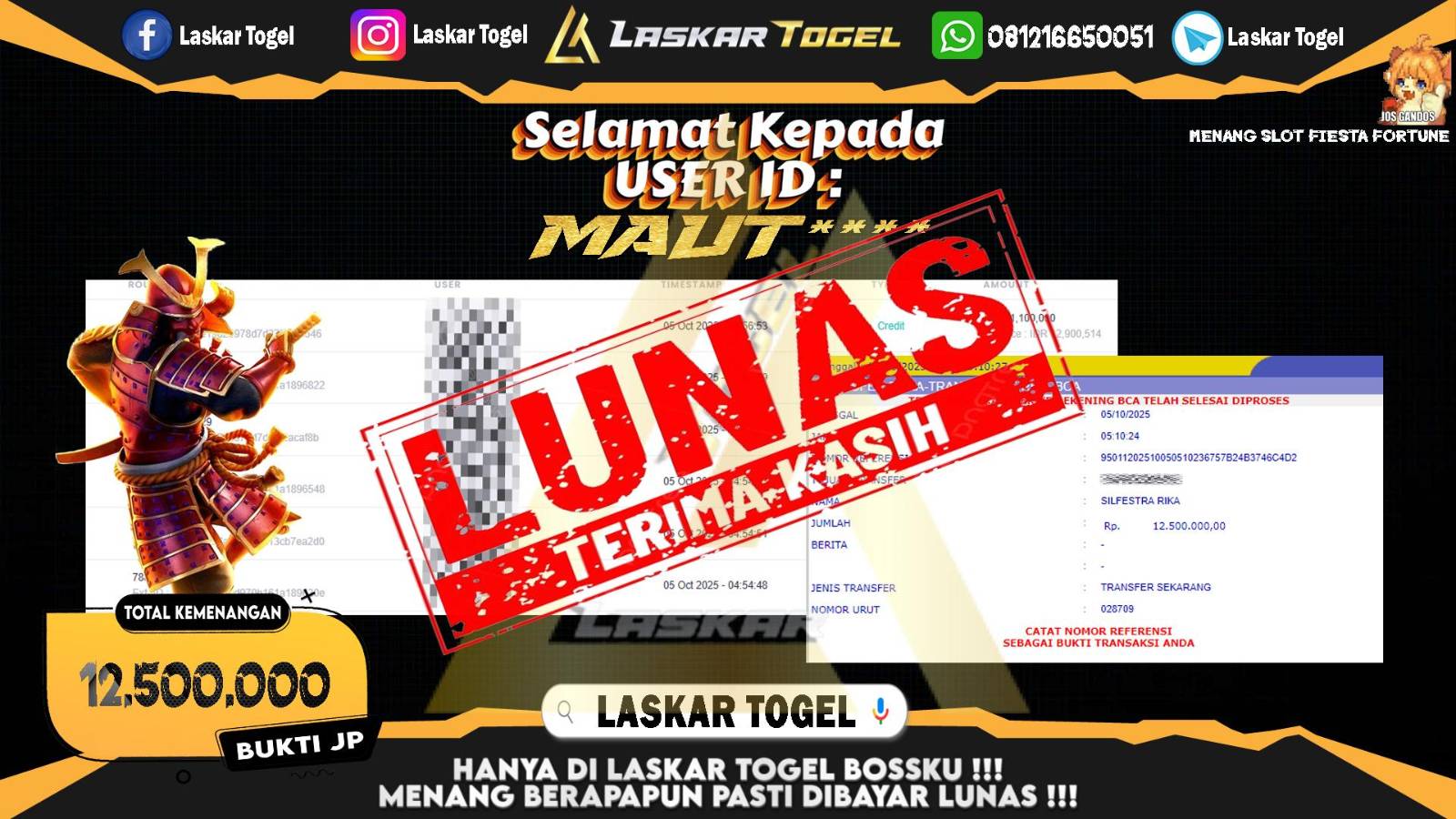 LASKARTOGEL JACKPOT SLOT FIESTA FORTUNE Rp.12.500.000,- LUNAS