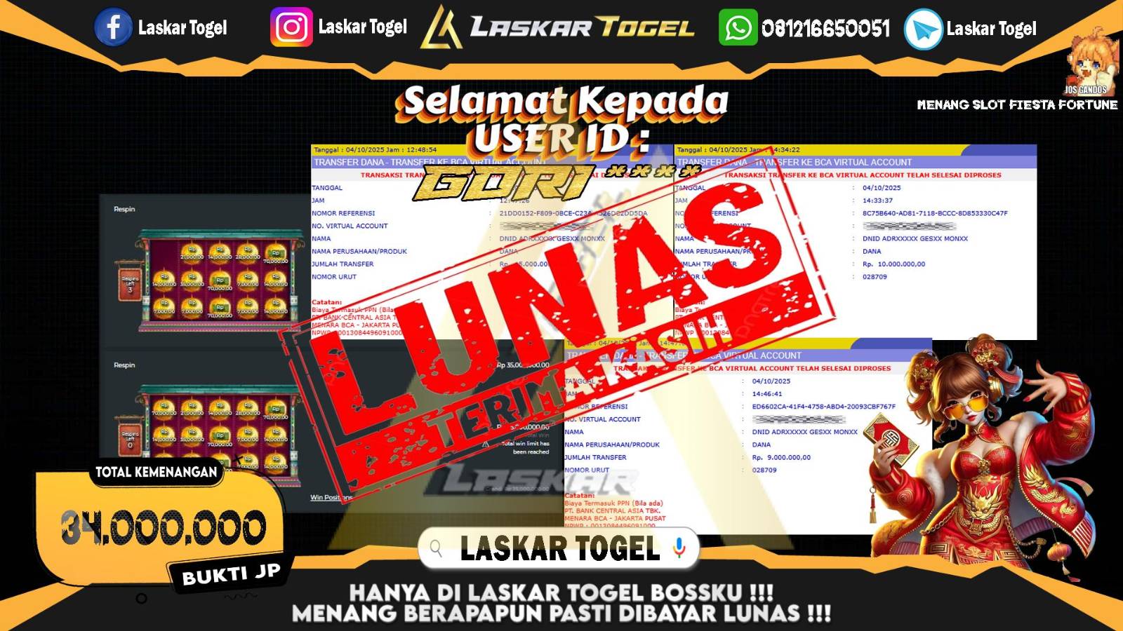 LASKARTOGEL JACKPOT SLOT FIESTA FORTUNE Rp.34.000.000,- LUNAS