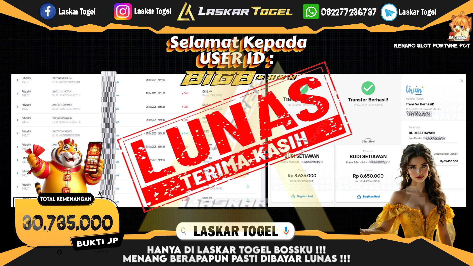 LASKARTOGEL JACKPOT SLOT FORTUNE POT Rp.30.735.000,- LUNAS