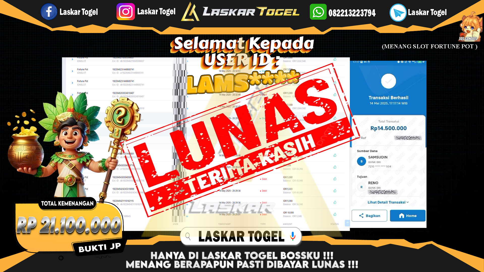 LASKARTOGEL JACKPOT SLOT FORTUNE POT Rp.21.100.000.,- LUNAS