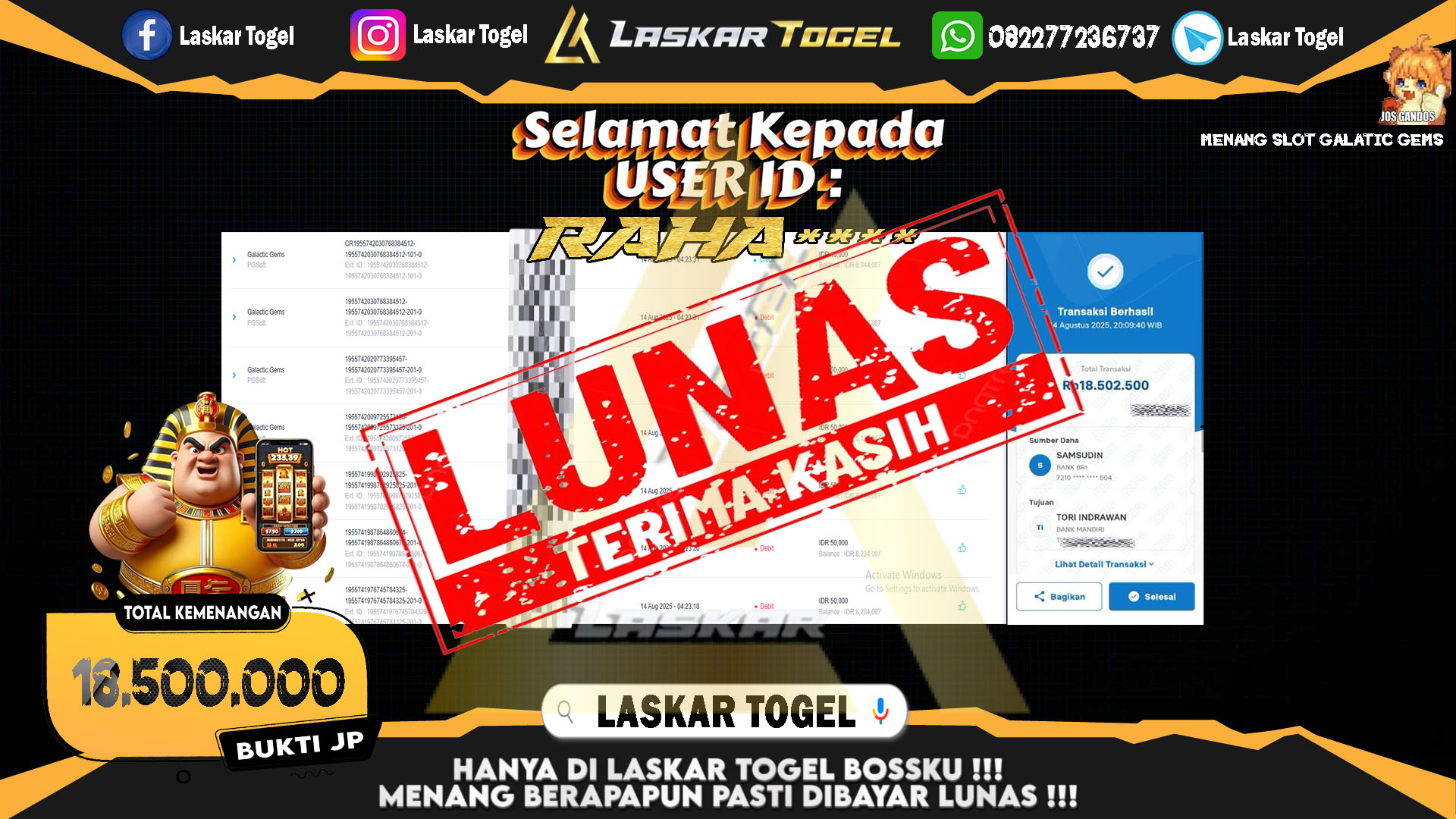 LASKARTOGEL JACKPOT SLOT GALATIC GEMS Rp.18.500.000.,- LUNAS