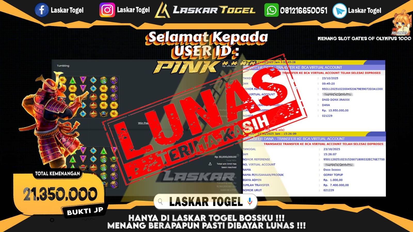 LASKARTOGEL JACKPOT SLOT GATES OF OLYMPUS 1000 Rp.21.350.000,- LUNAS