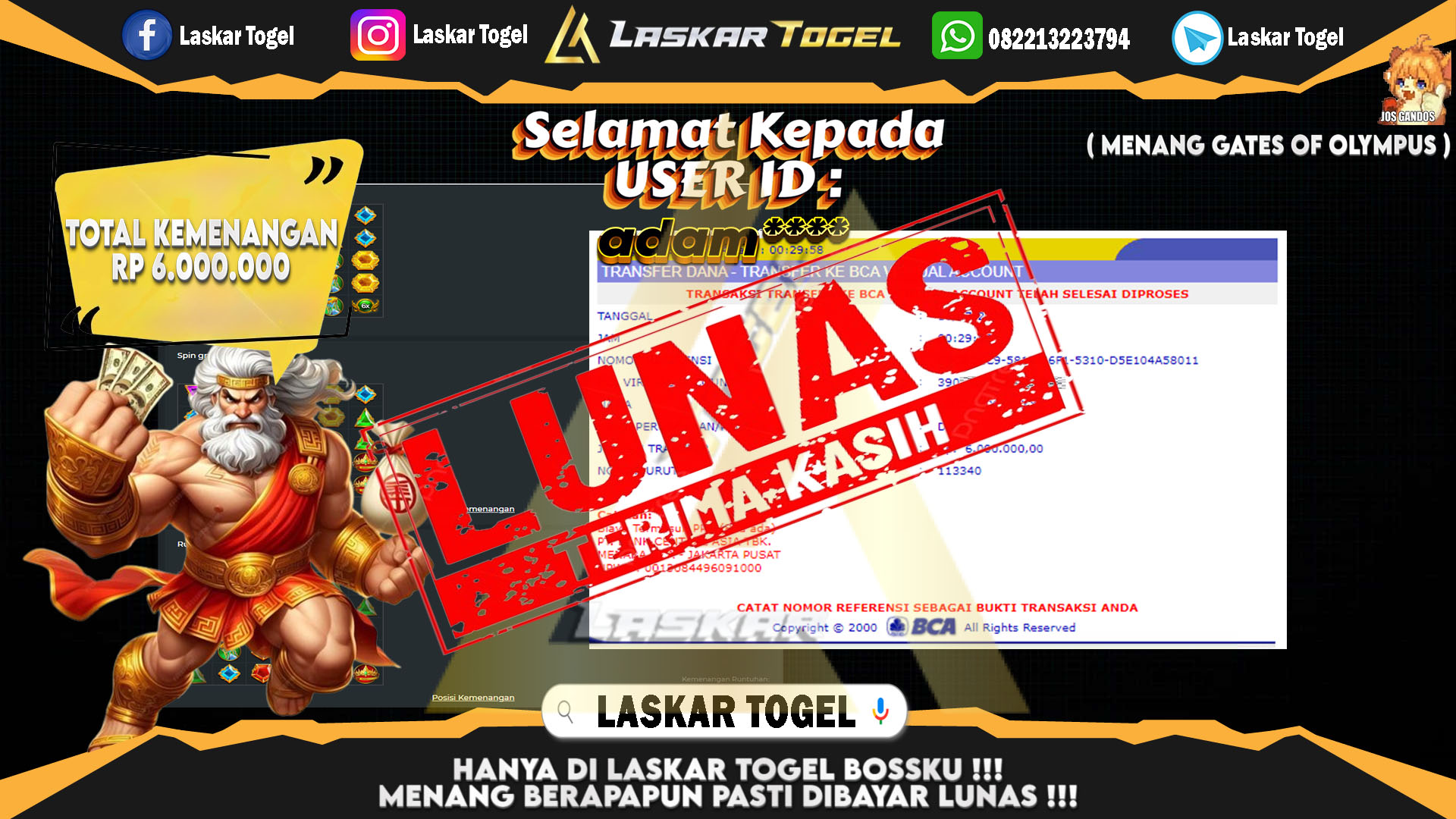LASKARTOGEL JACKPOT  SLOT GATES OF OLYMPUS Rp.6.000.000.,- LUNAS