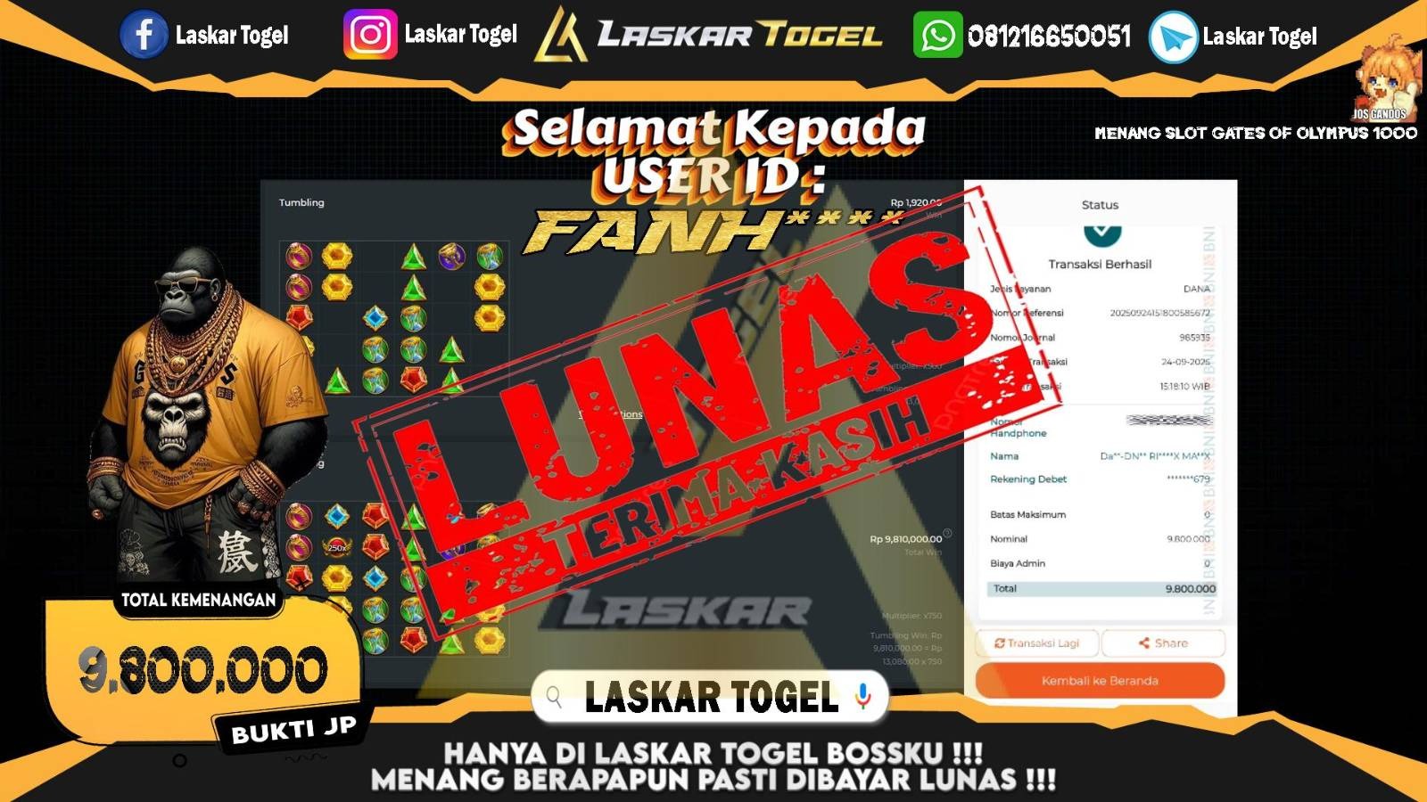 LASKARTOGEL JACKPOT SLOT GATES OF OLYMPUS 1000 Rp.9.800.000,- LUNAS