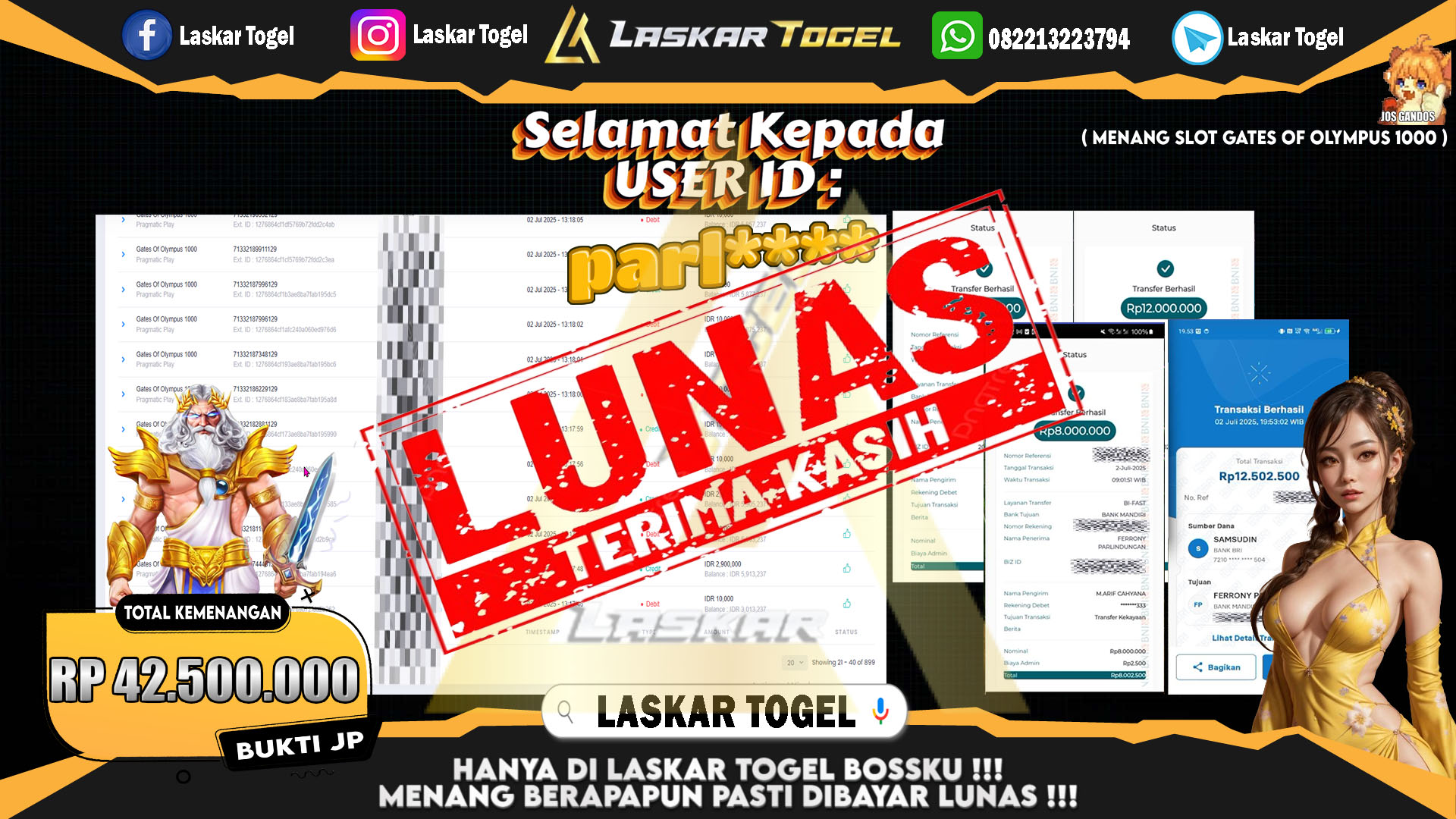 LASKARTOGEL JACKPOT SLOT GATES OF OLYMPUS 1000 Rp.42.500.000.,- LUNAS