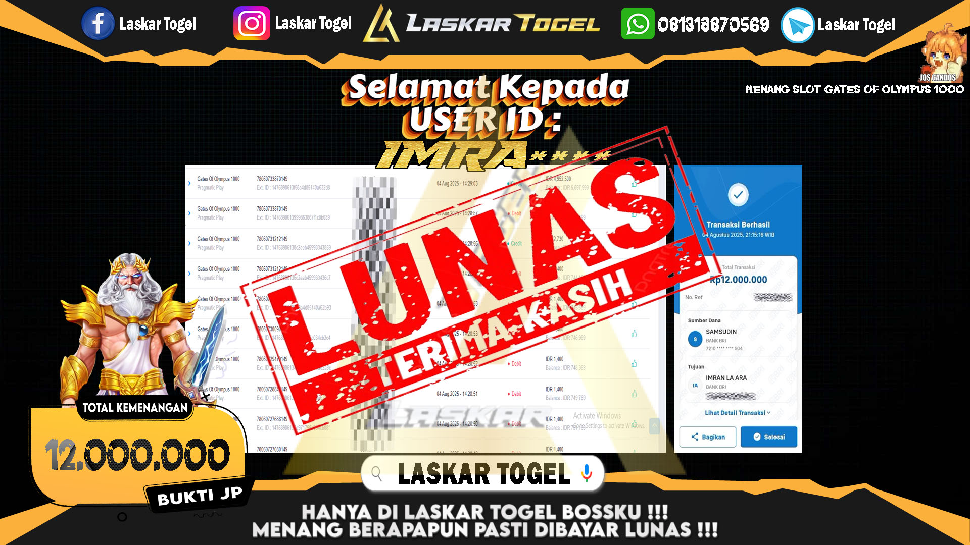 LASKARTOGEL JACKPOT SLOT GATES OF OLYMPUS 1000 Rp.12.000.000.,- LUNAS