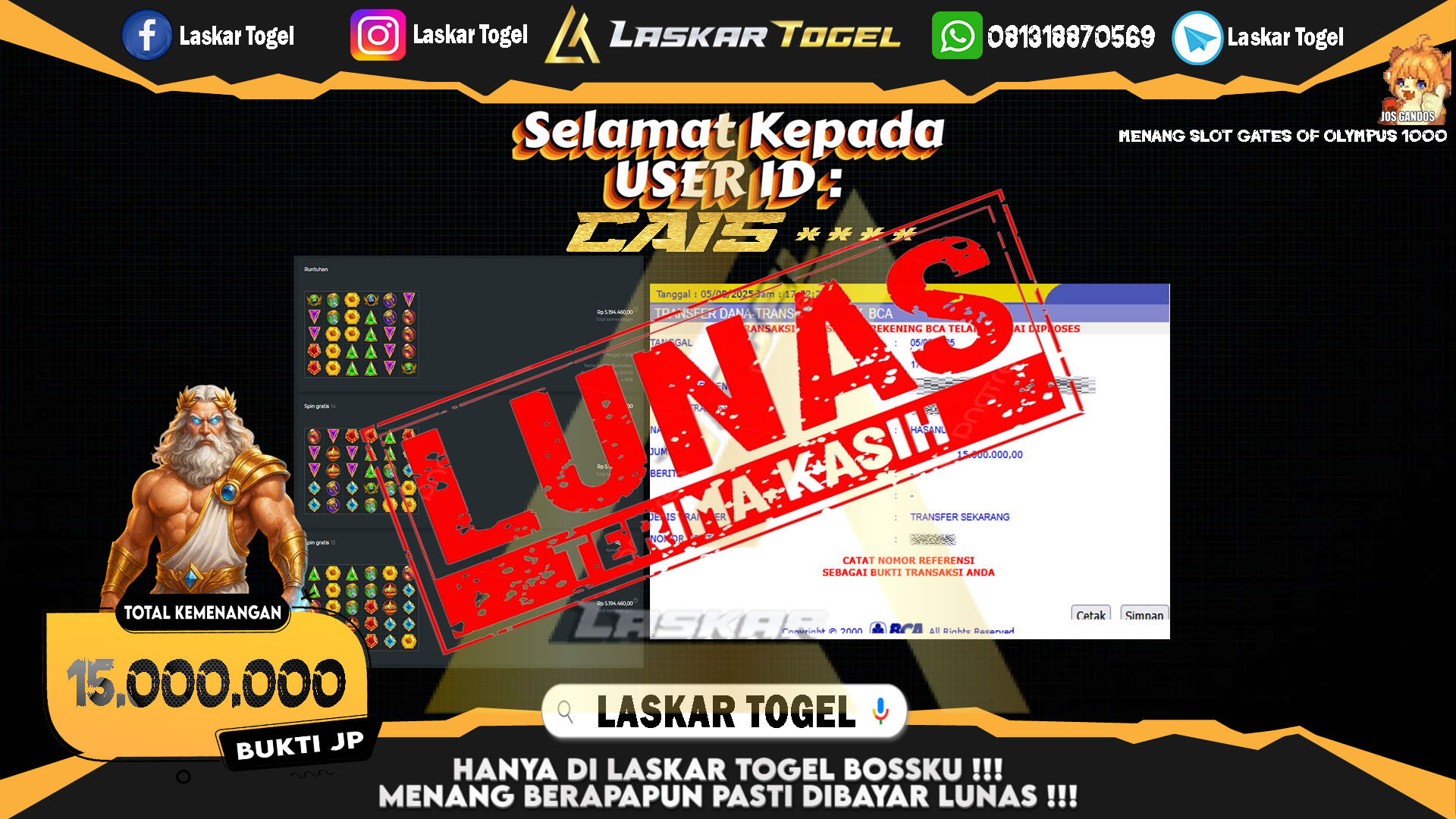 LASKARTOGEL JACKPOT SLOT GATES OF OLYMPUS 1000 Rp.15.000.000.,- LUNAS