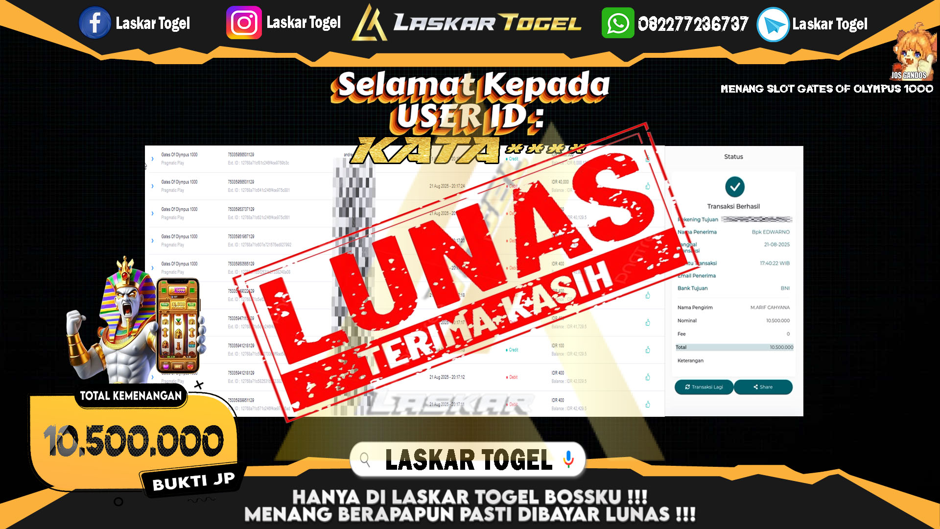 LASKARTOGEL JACKPOT SLOT GATES OF OLYMPUS 1000 Rp.10.500.000.,- LUNAS