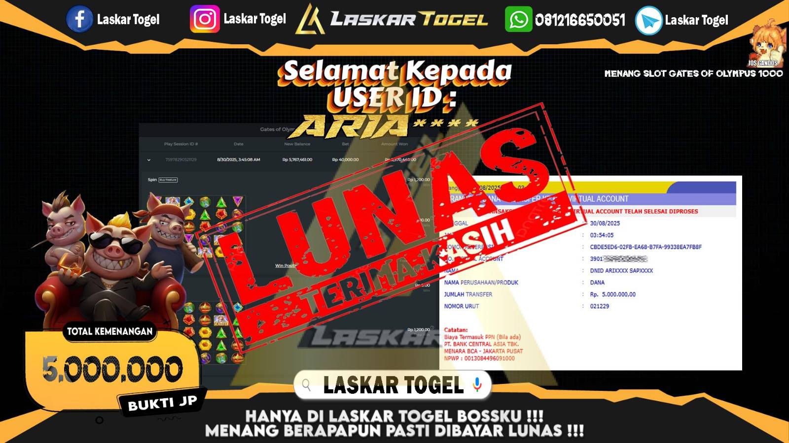 LASKARTOGEL JACKPOT SLOT GATES OF OLYMPUS 1000 Rp.5.000.000,- LUNAS