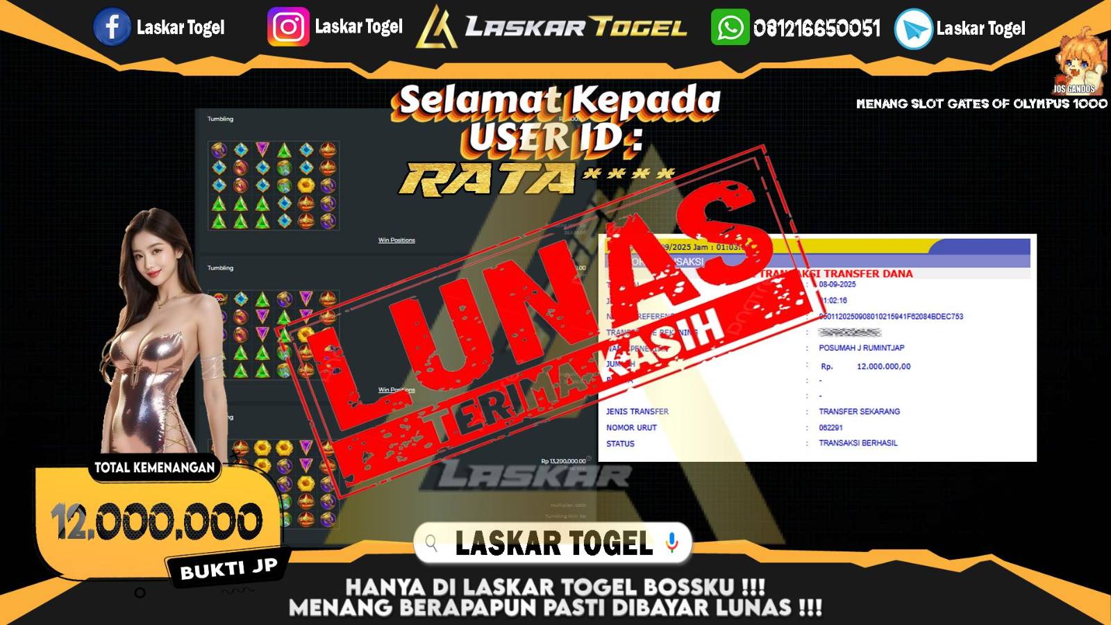 LASKARTOGEL JACKPOT SLOT GATES OF OLYMPUS 1000 Rp.12.000.000,- LUNAS