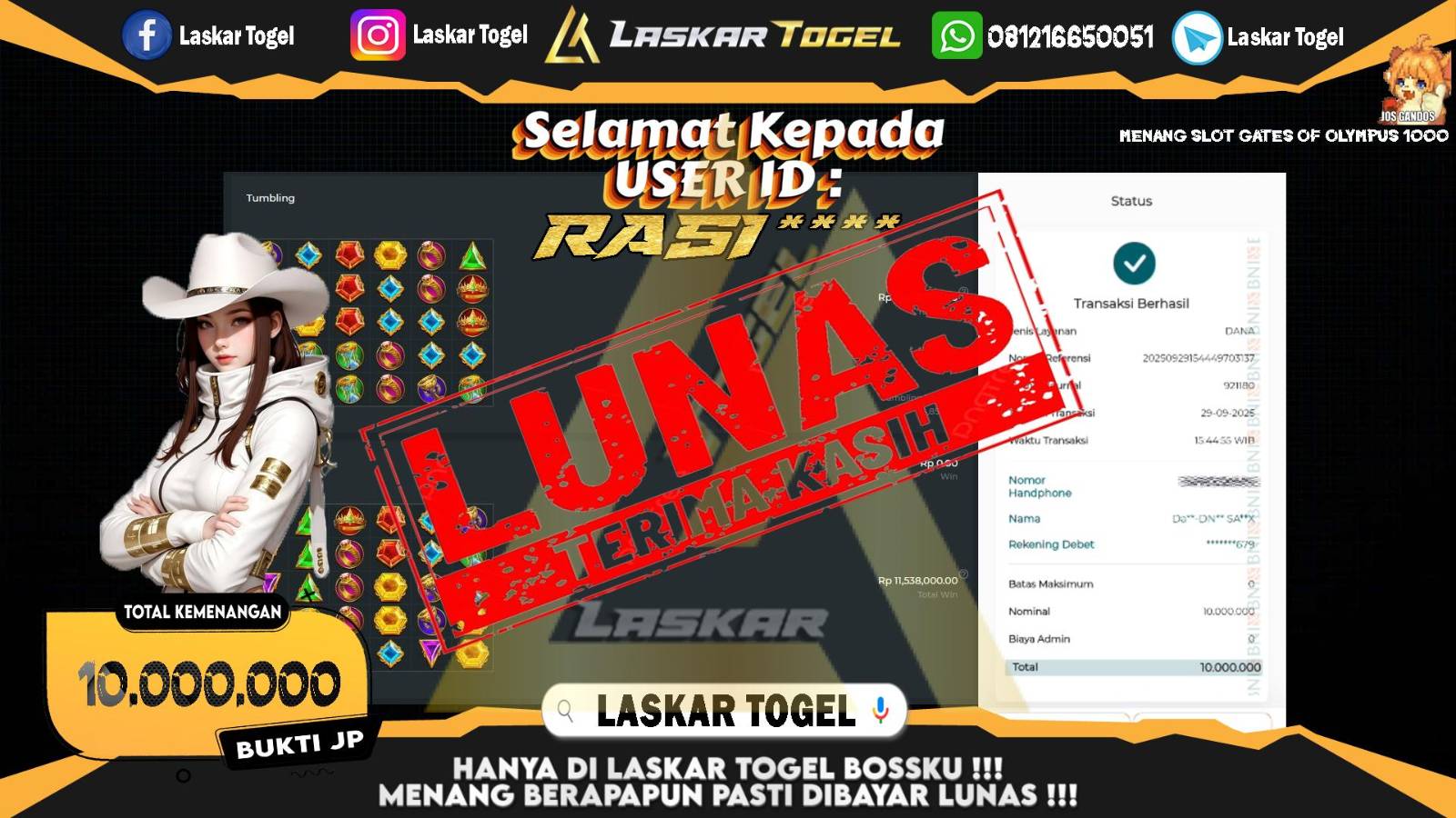 LASKARTOGEL JACKPOT SLOT GATES OF OLYMPUS 1000 Rp.10.000.000,- LUNAS