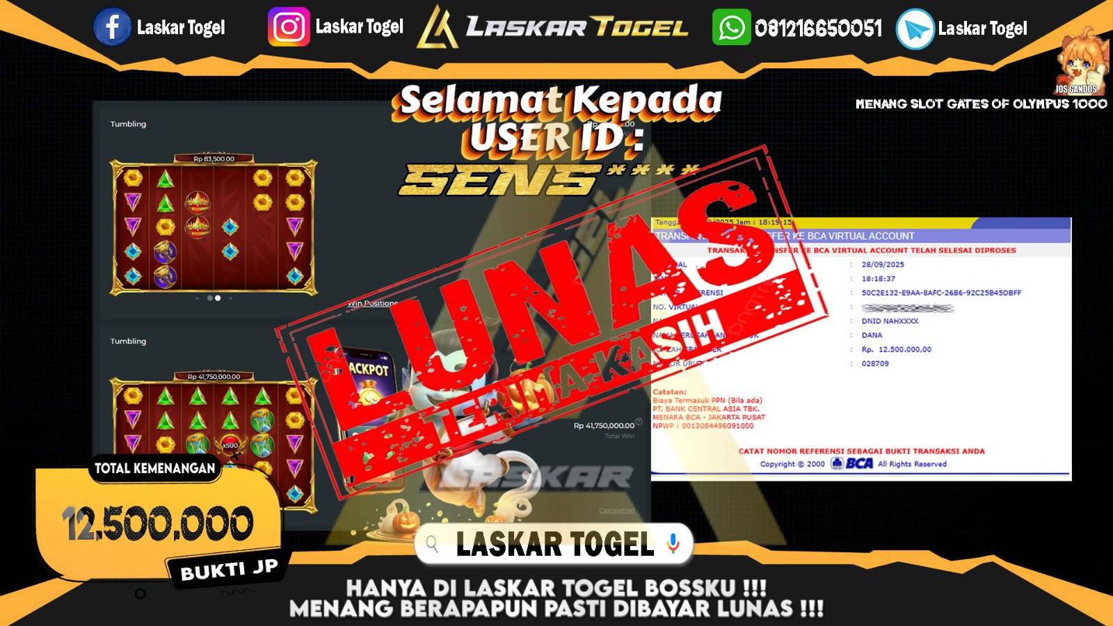 LASKARTOGEL JACKPOT SLOT GATES OF OLYMPUS 1000 Rp.12.500.000,- LUNAS