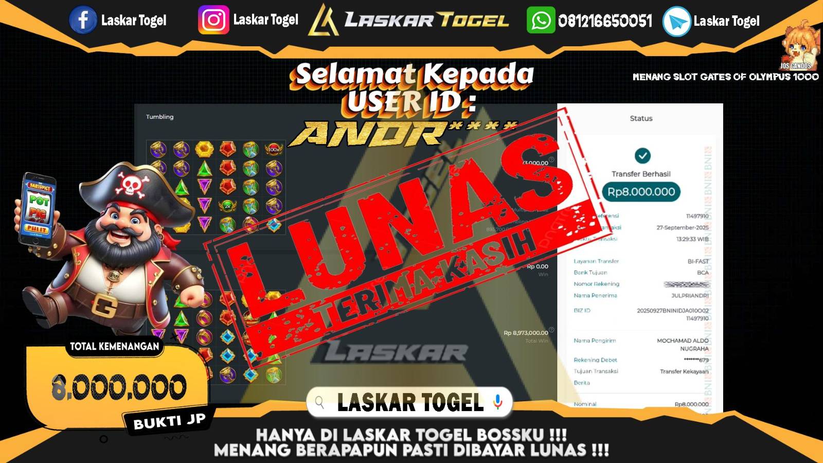 LASKARTOGEL JACKPOT SLOT GATES OF OLYMPUS 1000 Rp.8.000.000,- LUNAS