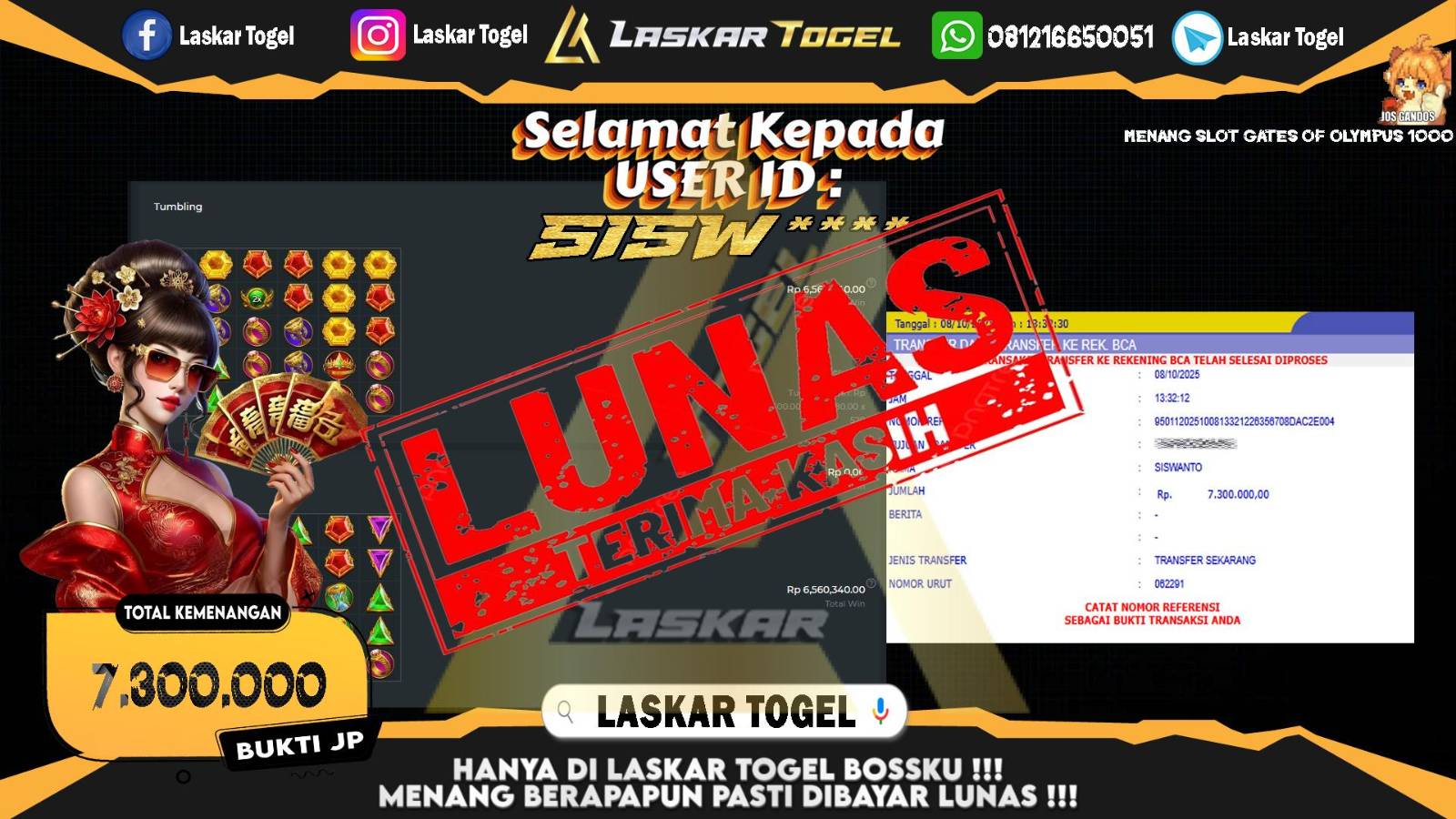 LASKARTOGEL JACKPOT SLOT GATES OF OLYMPUS 1000 Rp.7.300.000,- LUNAS