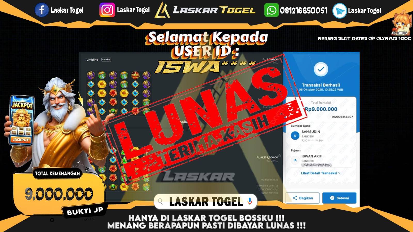 LASKARTOGEL JACKPOT SLOT GATES OF OLYMPUS 1000 Rp.9.000.000,- LUNAS