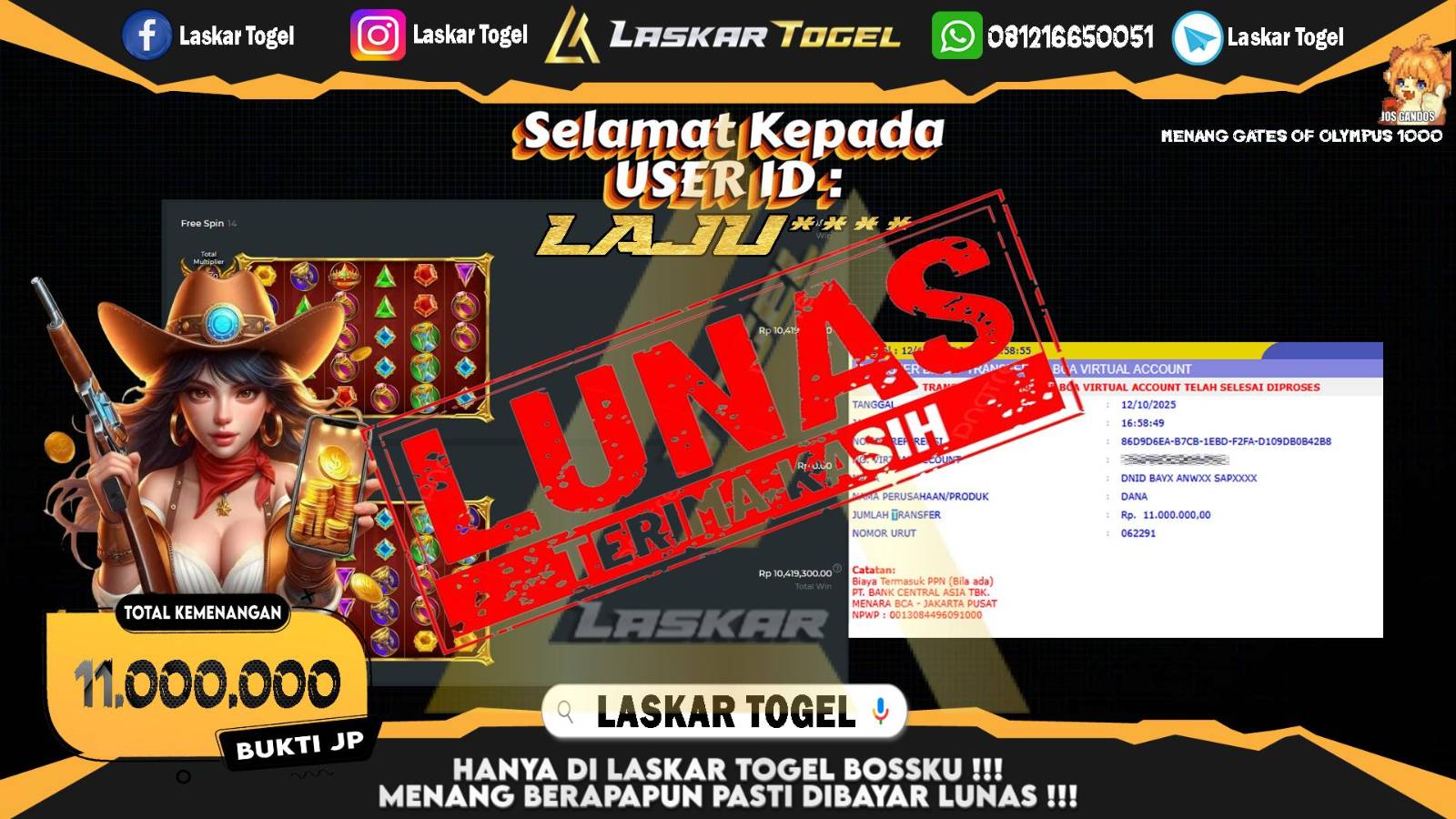 LASKARTOGEL JACKPOT SLOT GATES OF OLYMPUS 1000 Rp.11.000.000,- LUNAS