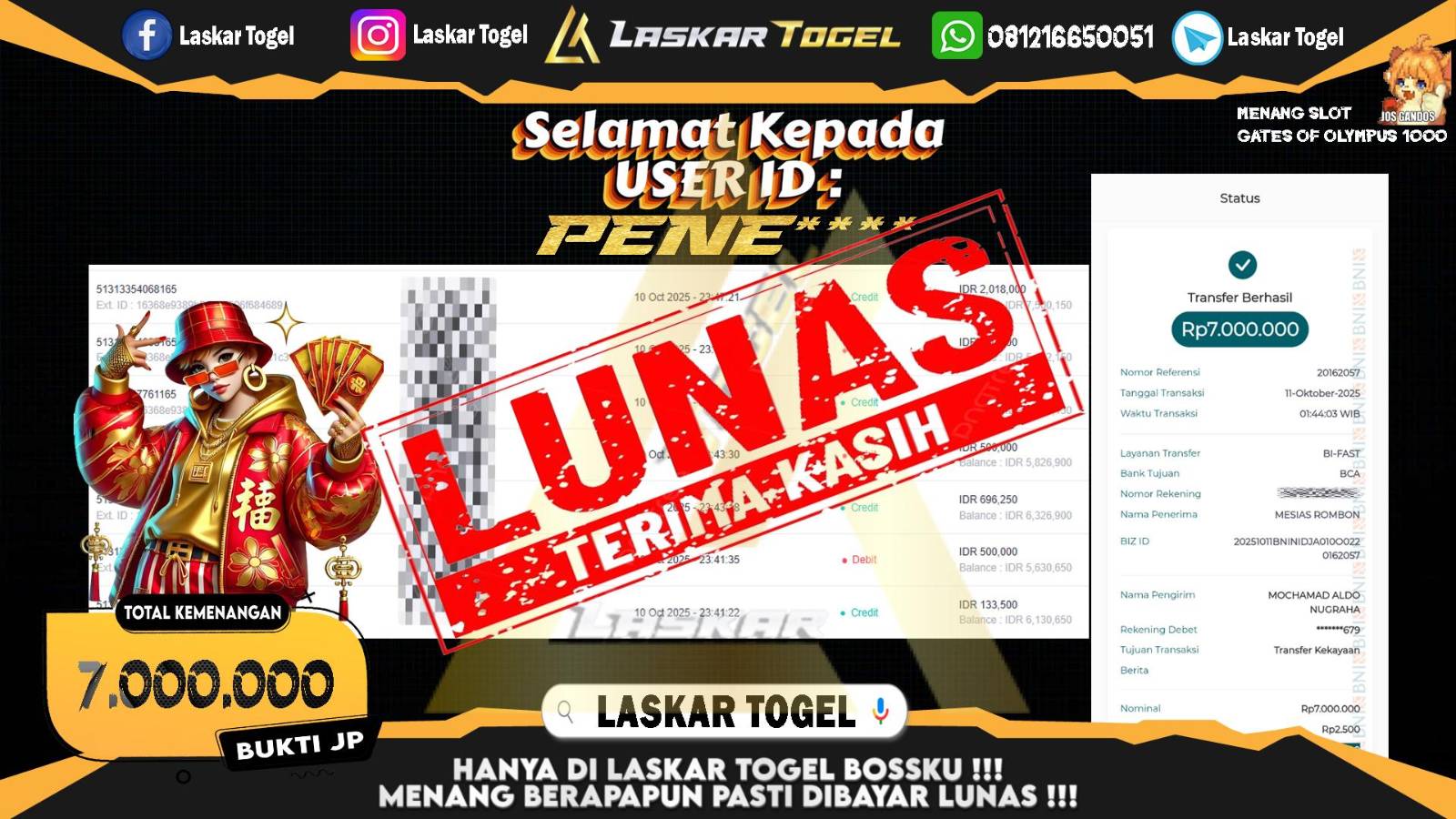 LASKARTOGEL JACKPOT SLOT GATES OF OLYMPUS 1000 Rp.7.000.000,- LUNAS