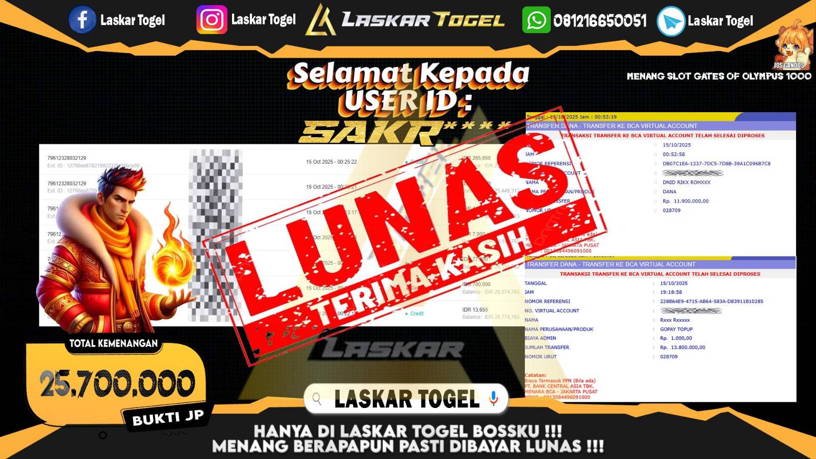 LASKARTOGEL JACKPOT SLOT GATES OF OLYMPUS 1000 Rp.25.700.000,- LUNAS