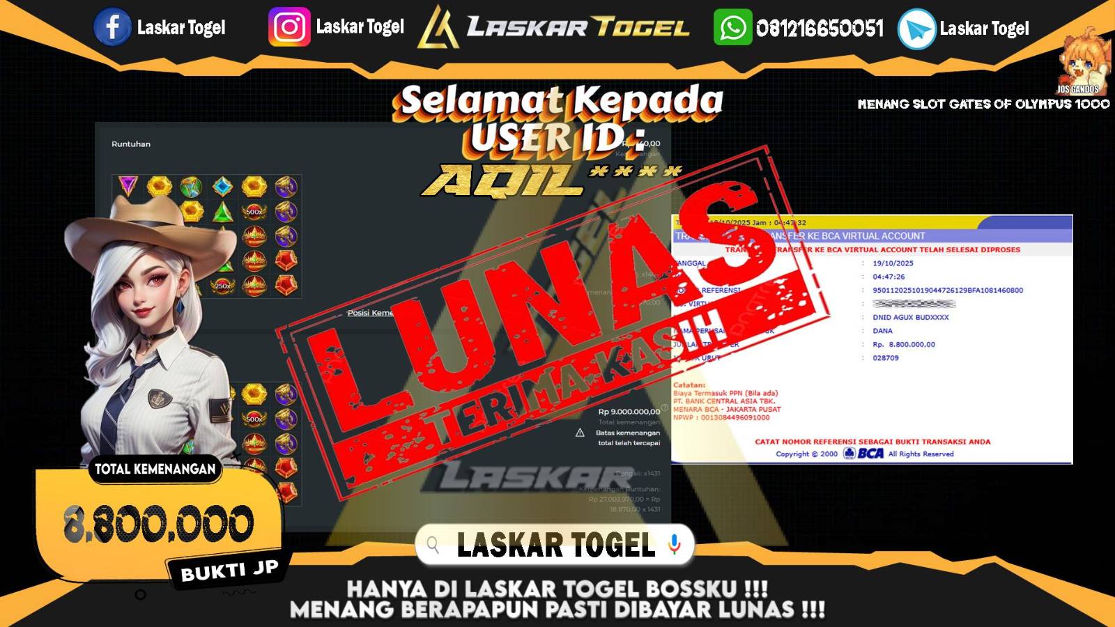 LASKARTOGEL JACKPOT SLOT GATES OF OLYMPUS 1000 Rp.8.800.000,- LUNAS
