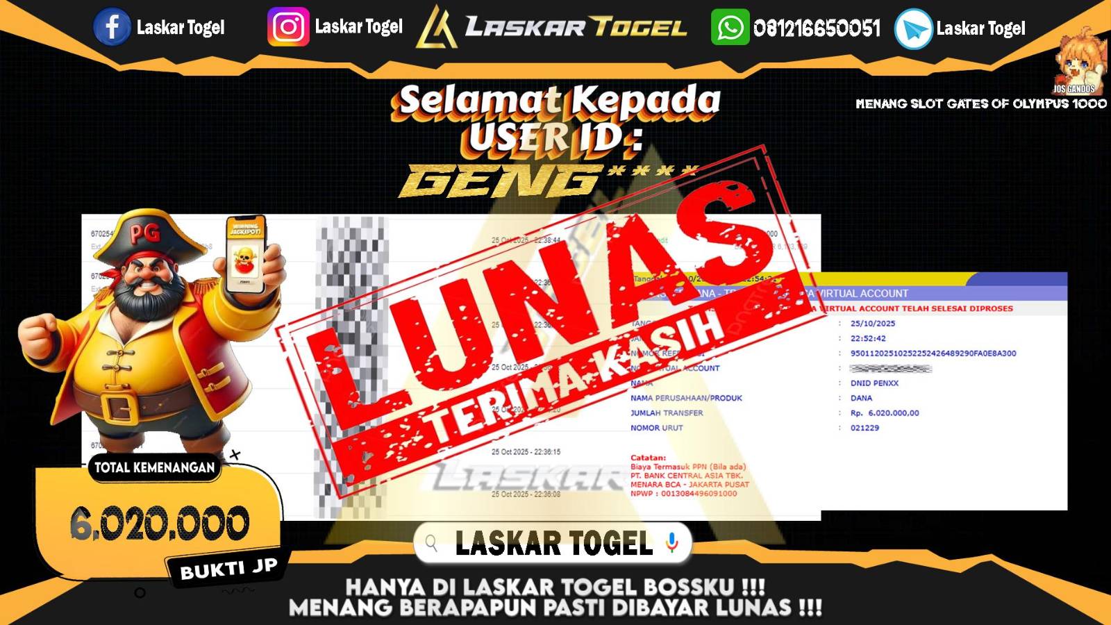 LASKARTOGEL JACKPOT SLOT GATES OF OLYMPUS 1000 Rp.6.020.000,- LUNAS