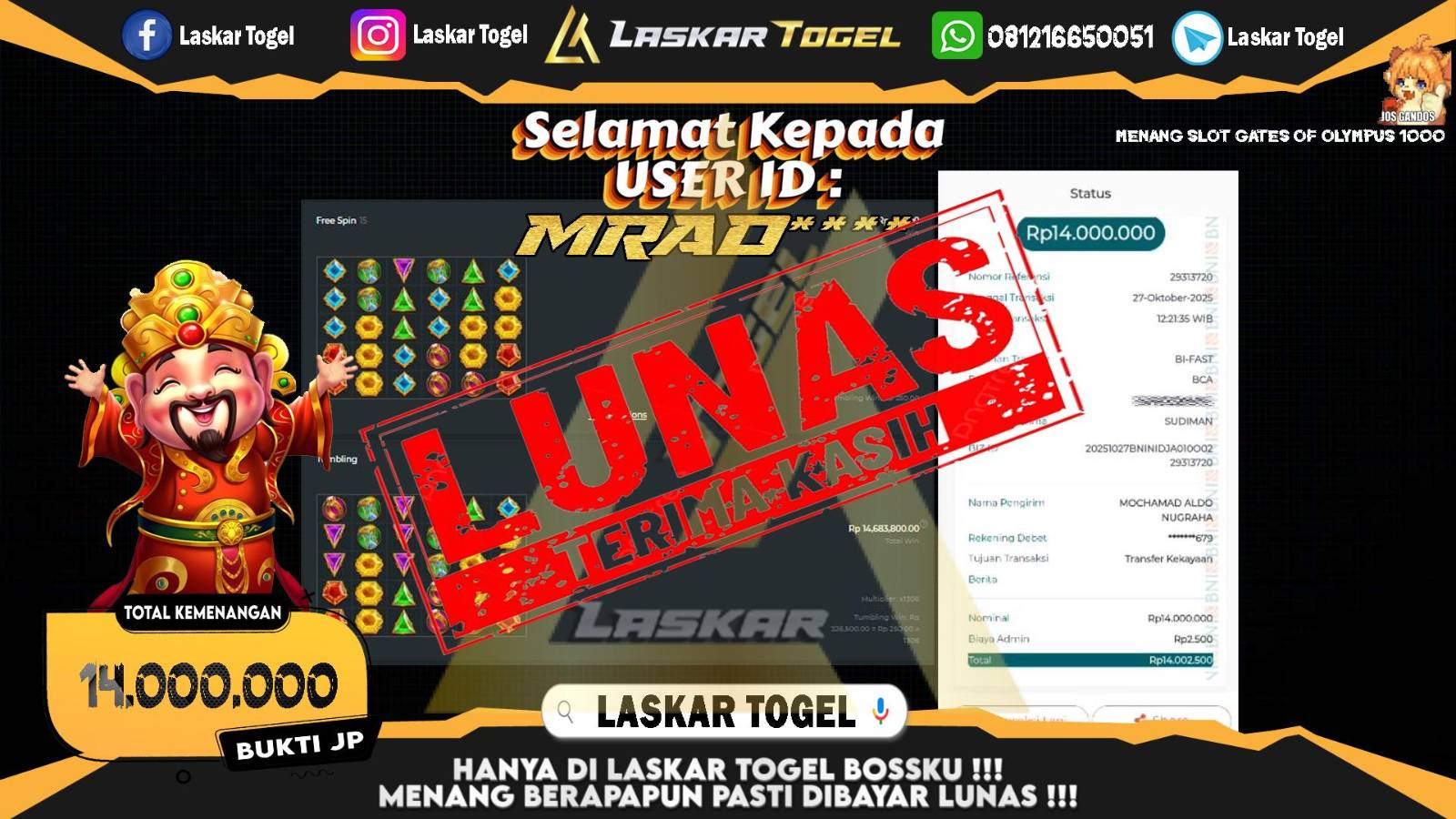 LASKARTOGEL JACKPOT SLOT GATES OF OLYMPUS 1000 Rp.14.000.000,- LUNAS