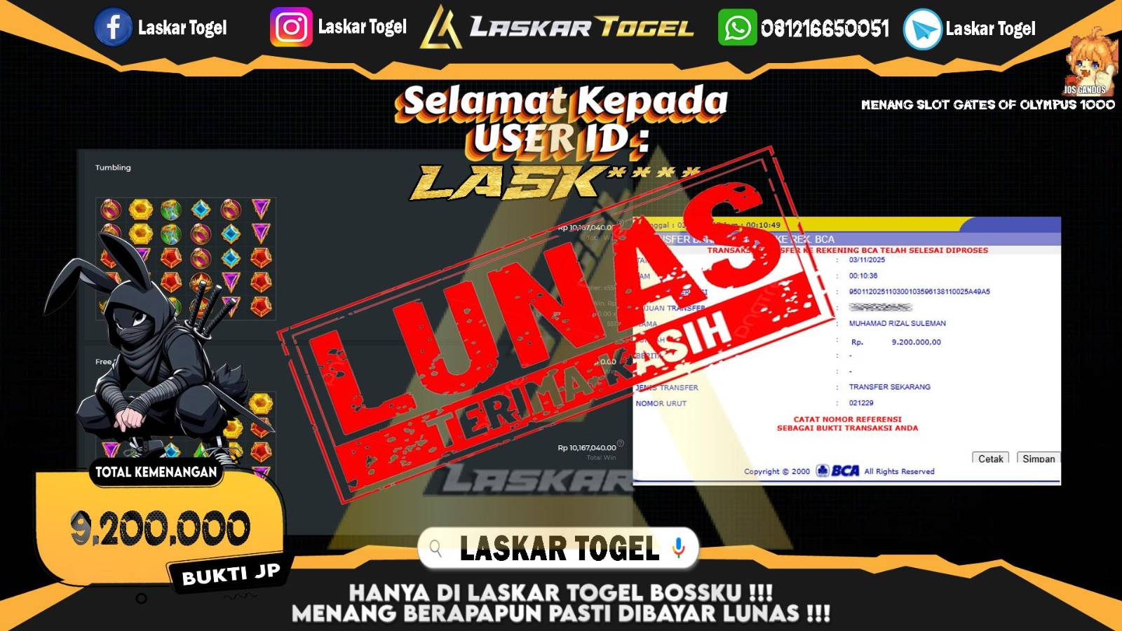 LASKARTOGEL JACKPOT SLOT GATES OF OLYMPUS 1000 Rp.9.200.000,- LUNAS