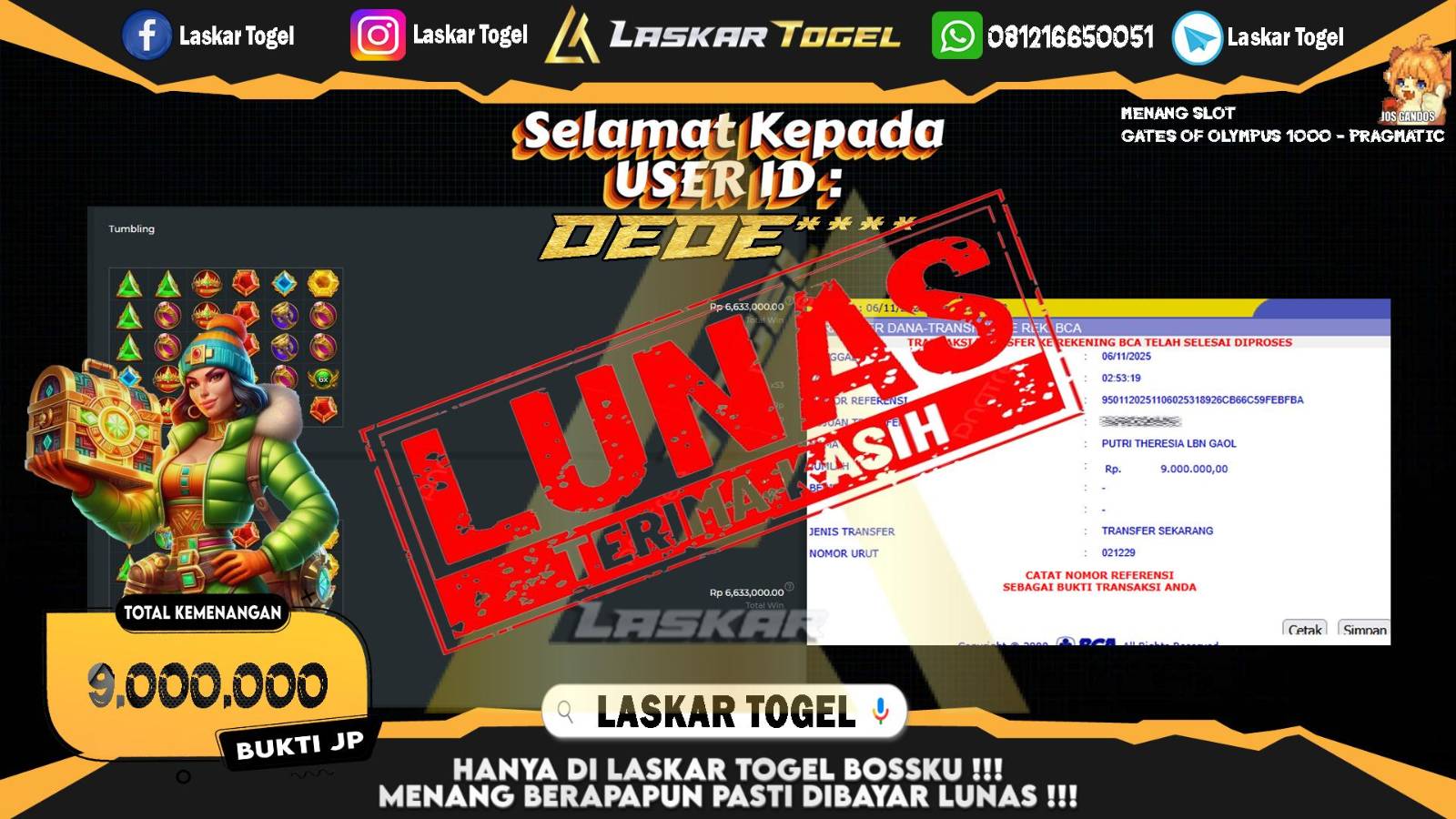 LASKARTOGEL JACKPOT SLOT GATES OF OLYMPUS 1000 Rp.9.000.000,- LUNAS