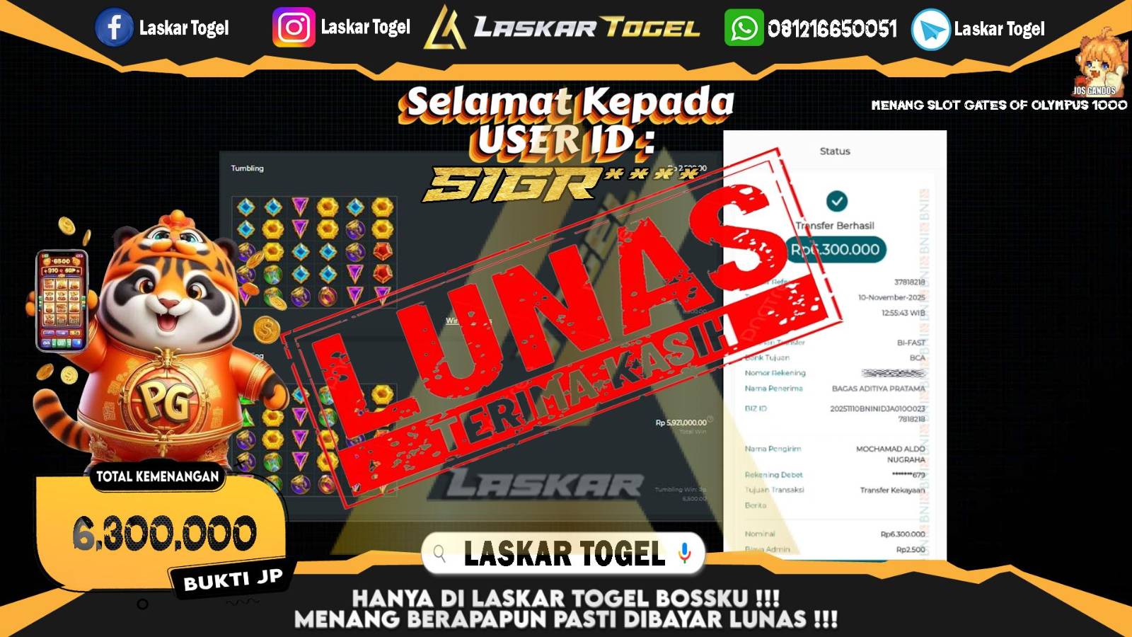 LASKARTOGEL JACKPOT SLOT GATES OF OLMYPUS 1000 Rp.6.300.000,- LUNAS