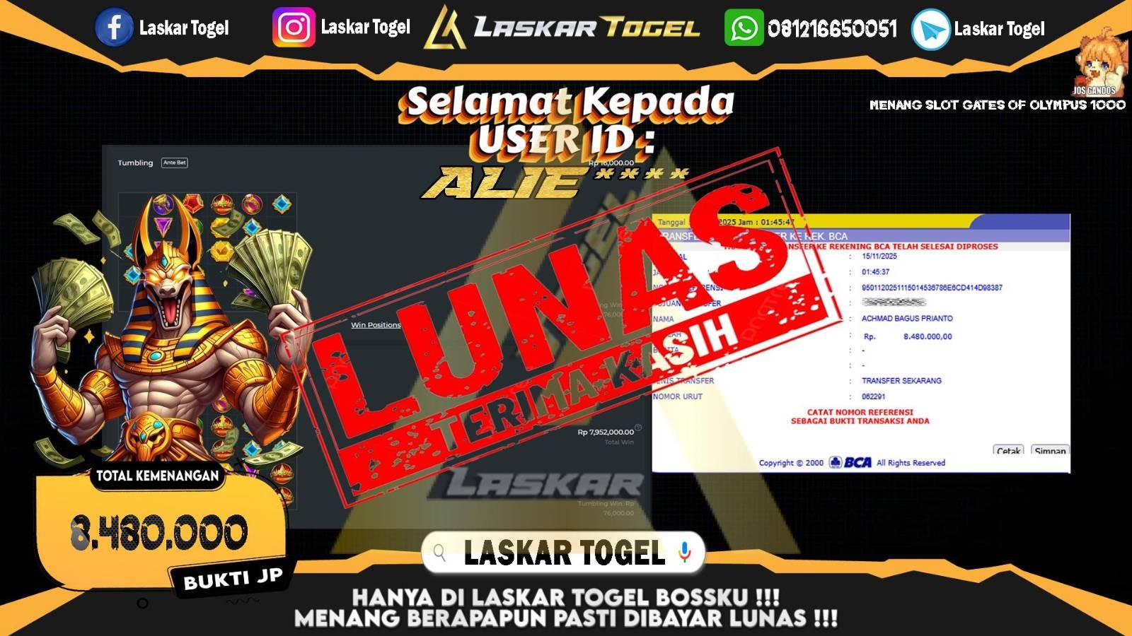 LASKARTOGEL JACKPOT SLOT GATES OF OLYMPUS 1000 Rp.8.480.000,- LUNAS