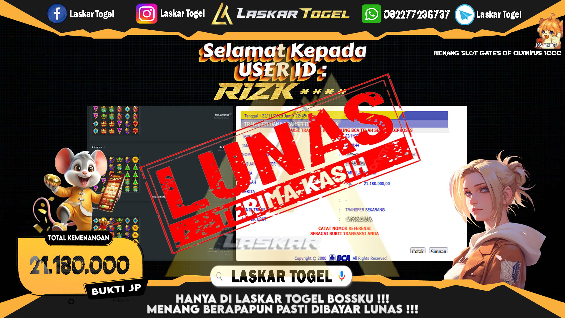LASKARTOGEL JACKPOT SLOT GATES OF OLYMPUS 1000 Rp.21.180.000,- LUNAS