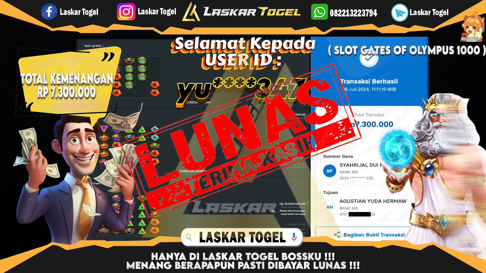 LASKARTOGEL JACKPOT  SLOT GATES OF OLYMPUS 1000 Rp.7.300.000.,- LUNAS