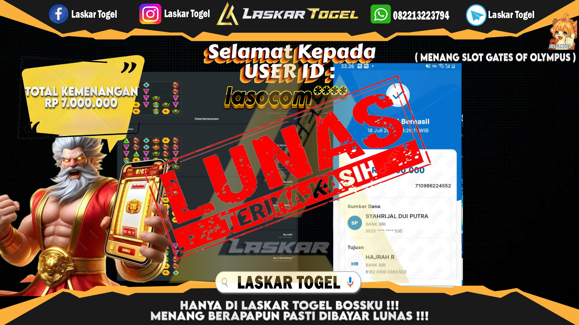 LASKARTOGEL JACKPOT  SLOT GATES OF OLYMPUS Rp.7.000.000.,- LUNAS
