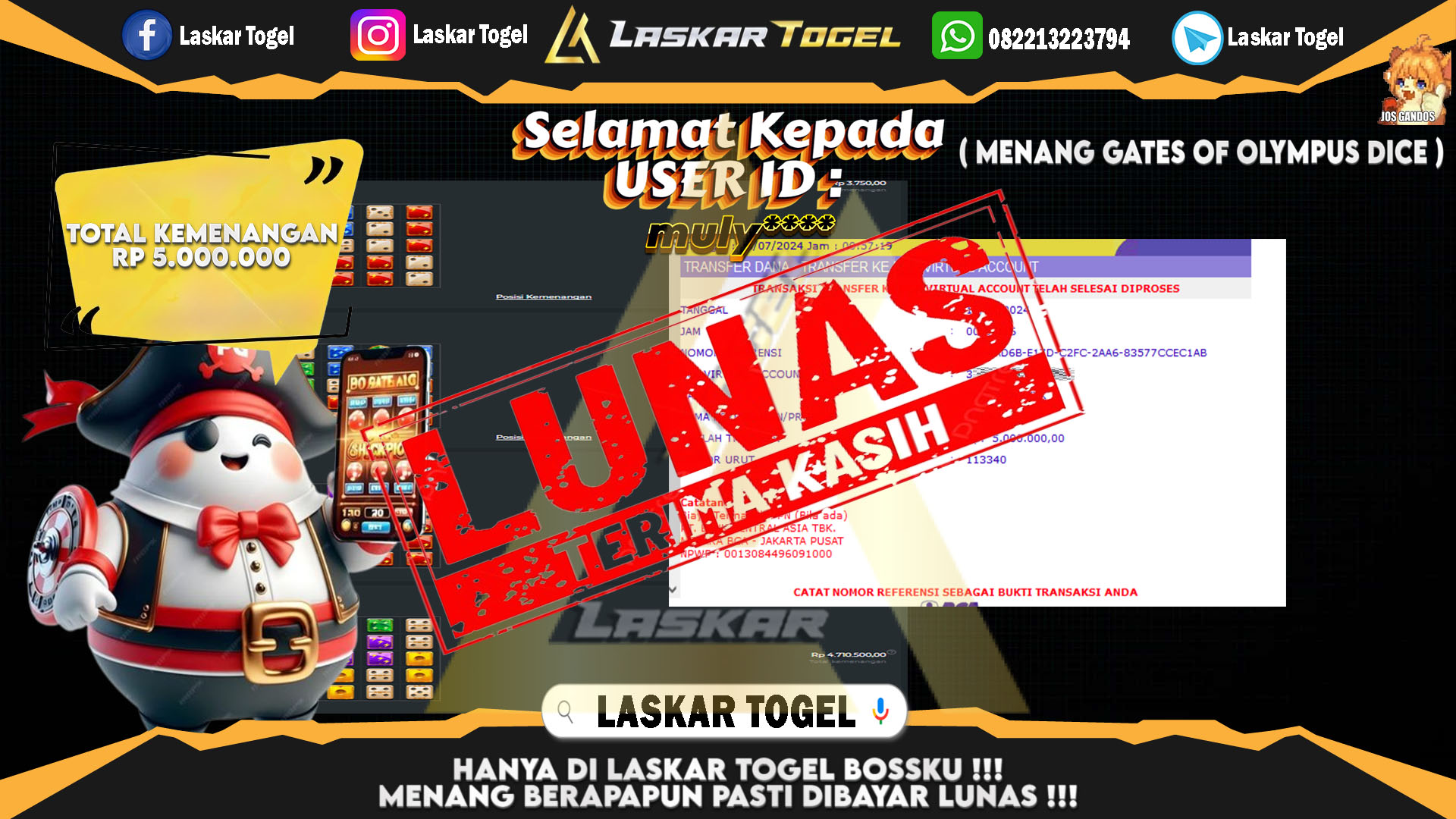 LASKARTOGEL JACKPOT  SLOT GATES OF OLYMPUS DICE Rp.5.000.000.,- LUNAS