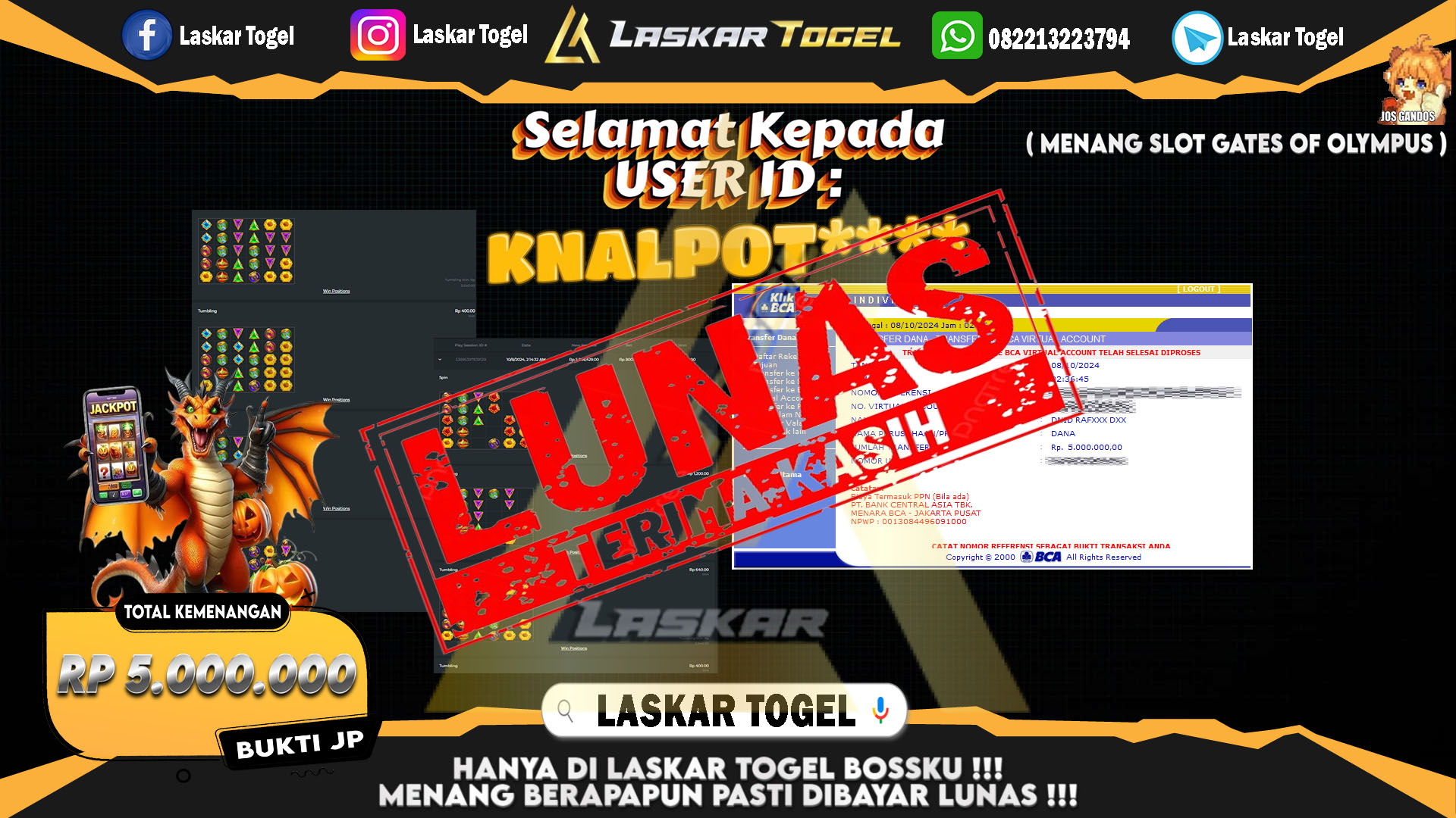 LASKARTOGEL JACKPOT SLOT GATES OF OLYMPUS Rp.5.000.000.,- LUNAS