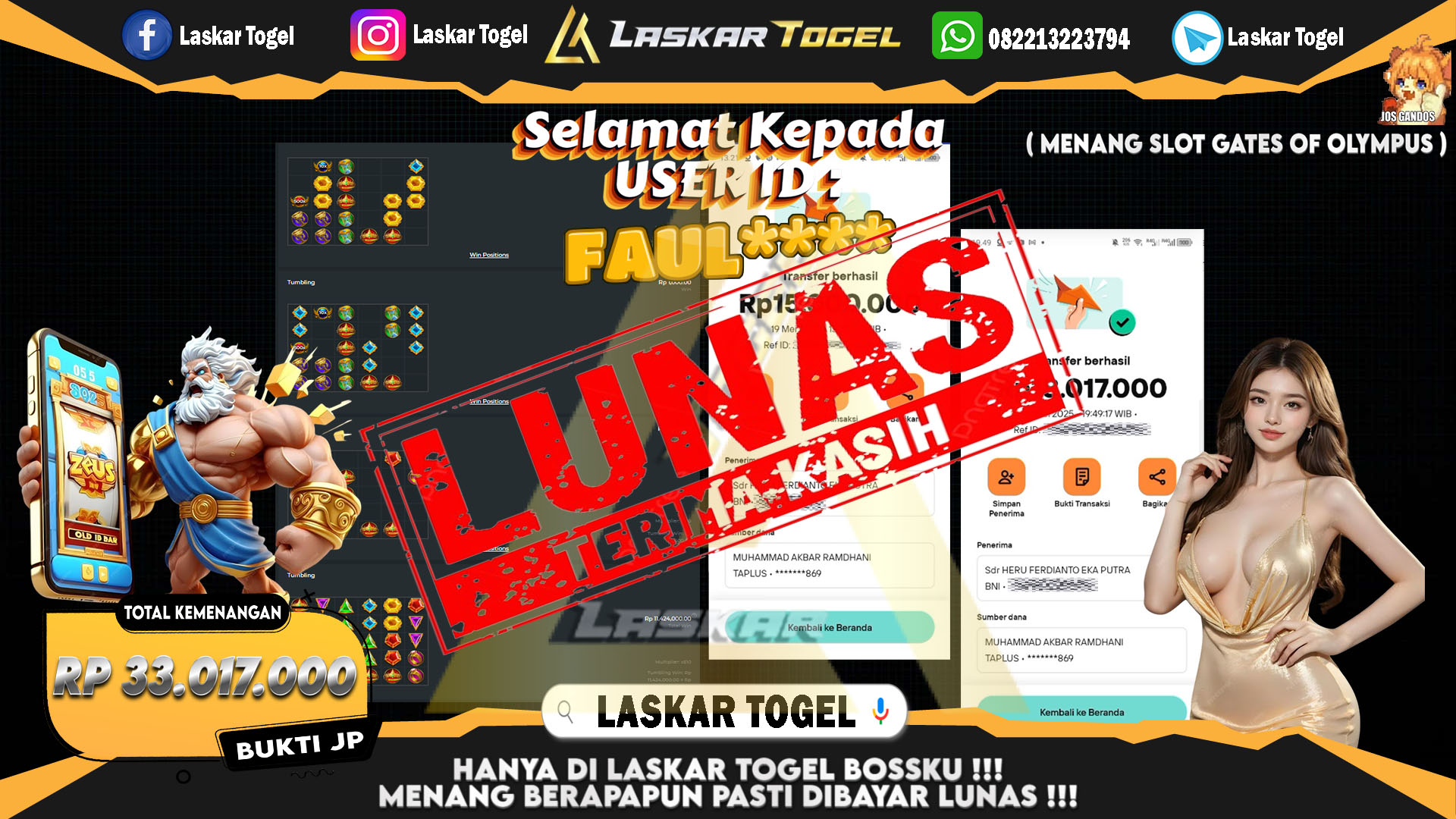 LASKARTOGEL JACKPOT SLOT GATES OF OLYMPUS Rp.33.017.000.,- LUNAS