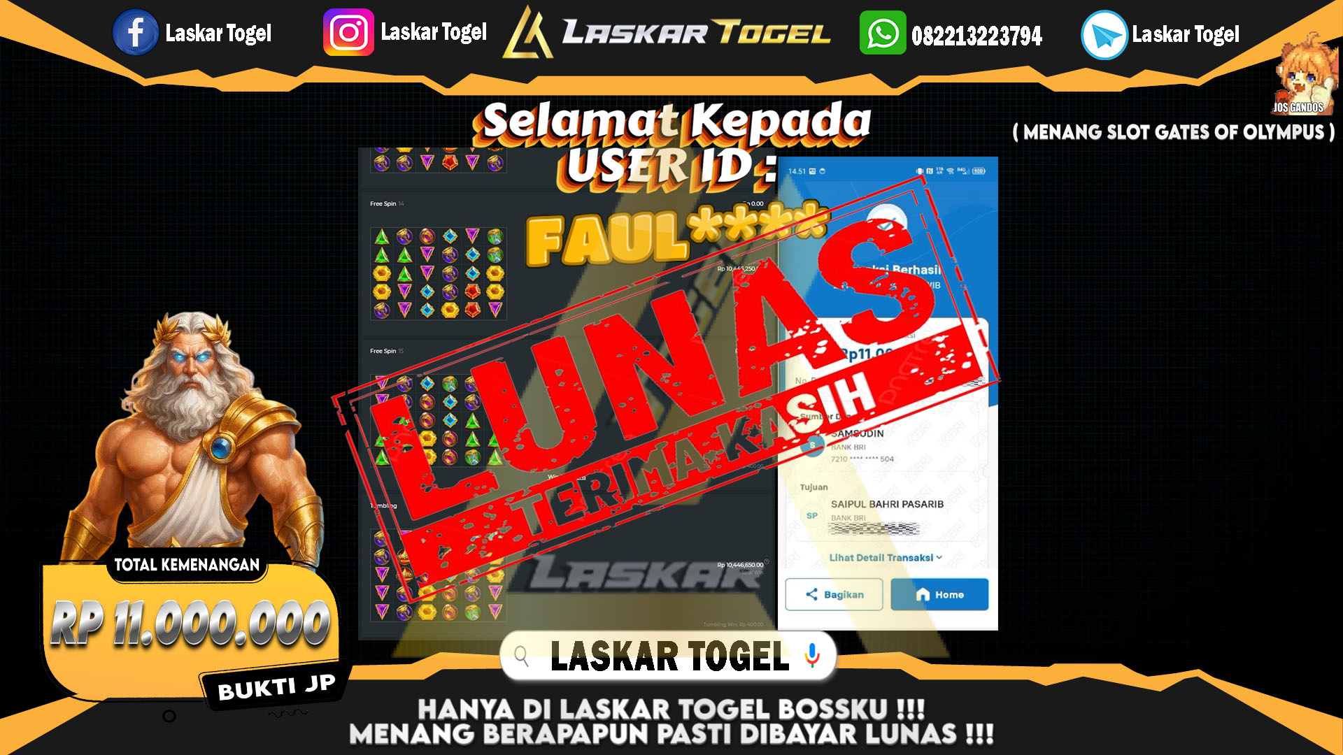 LASKARTOGEL JACKPOT SLOT GATES OF OLYMPUS Rp.11.000.000.,- LUNAS