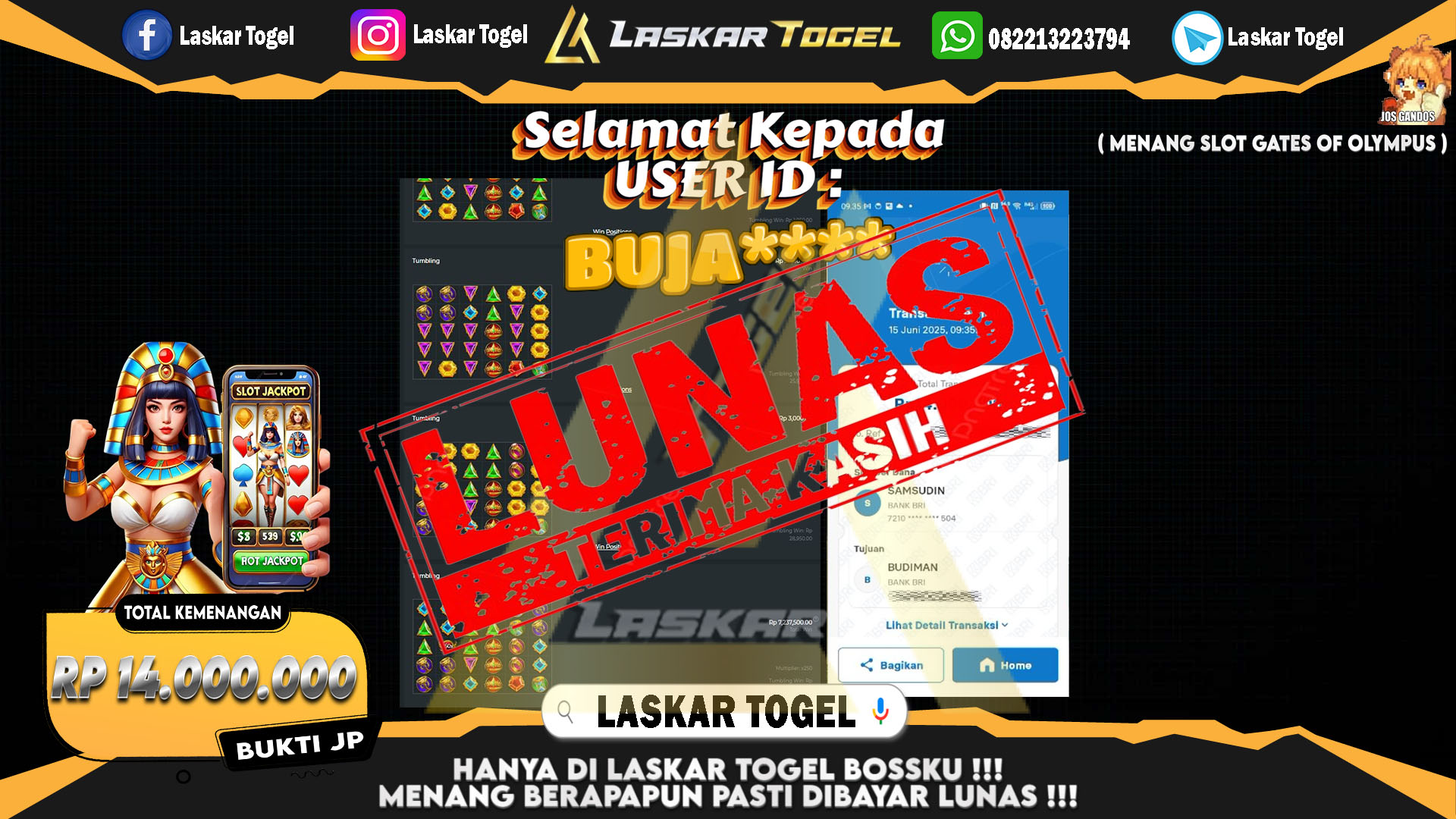 LASKARTOGEL JACKPOT SLOT GATES OF OLYMPUS Rp.14.000.000.,- LUNAS