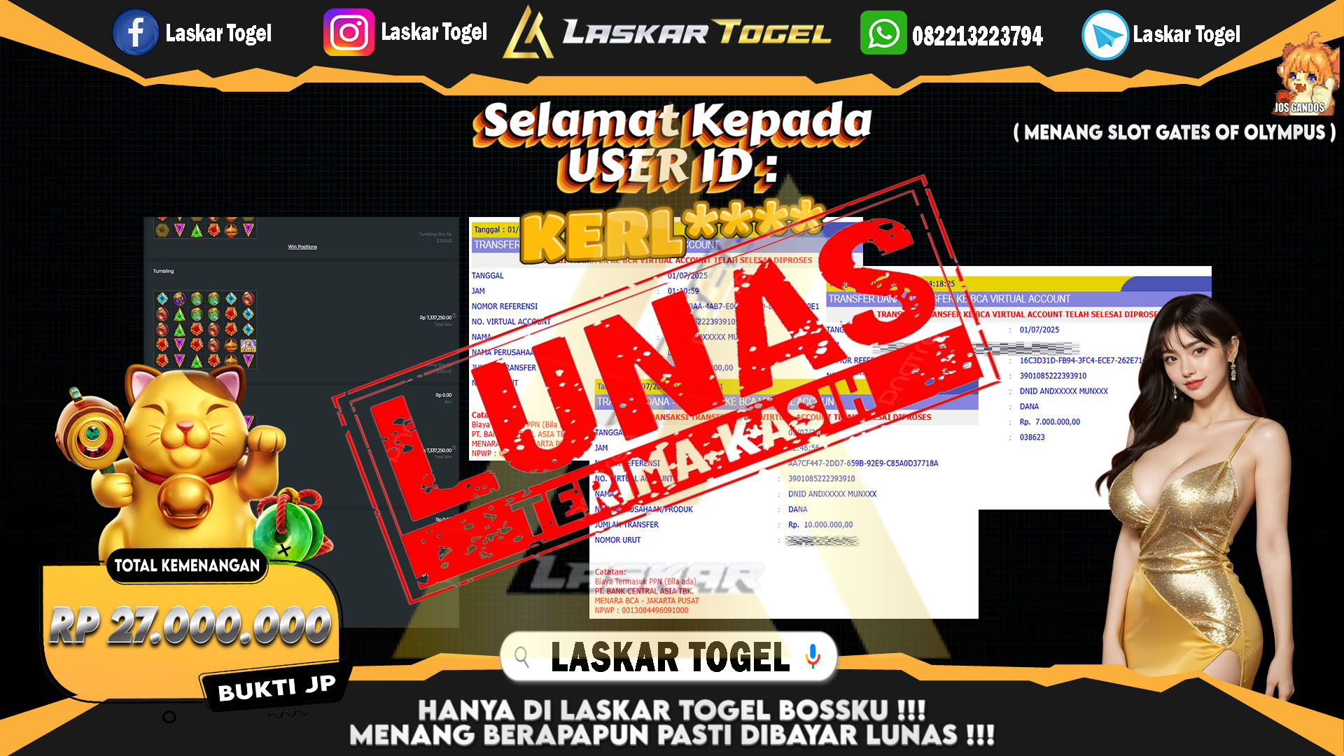 LASKARTOGEL JACKPOT SLOT GATES OF OLYMPUS Rp.27.000.000.,- LUNAS