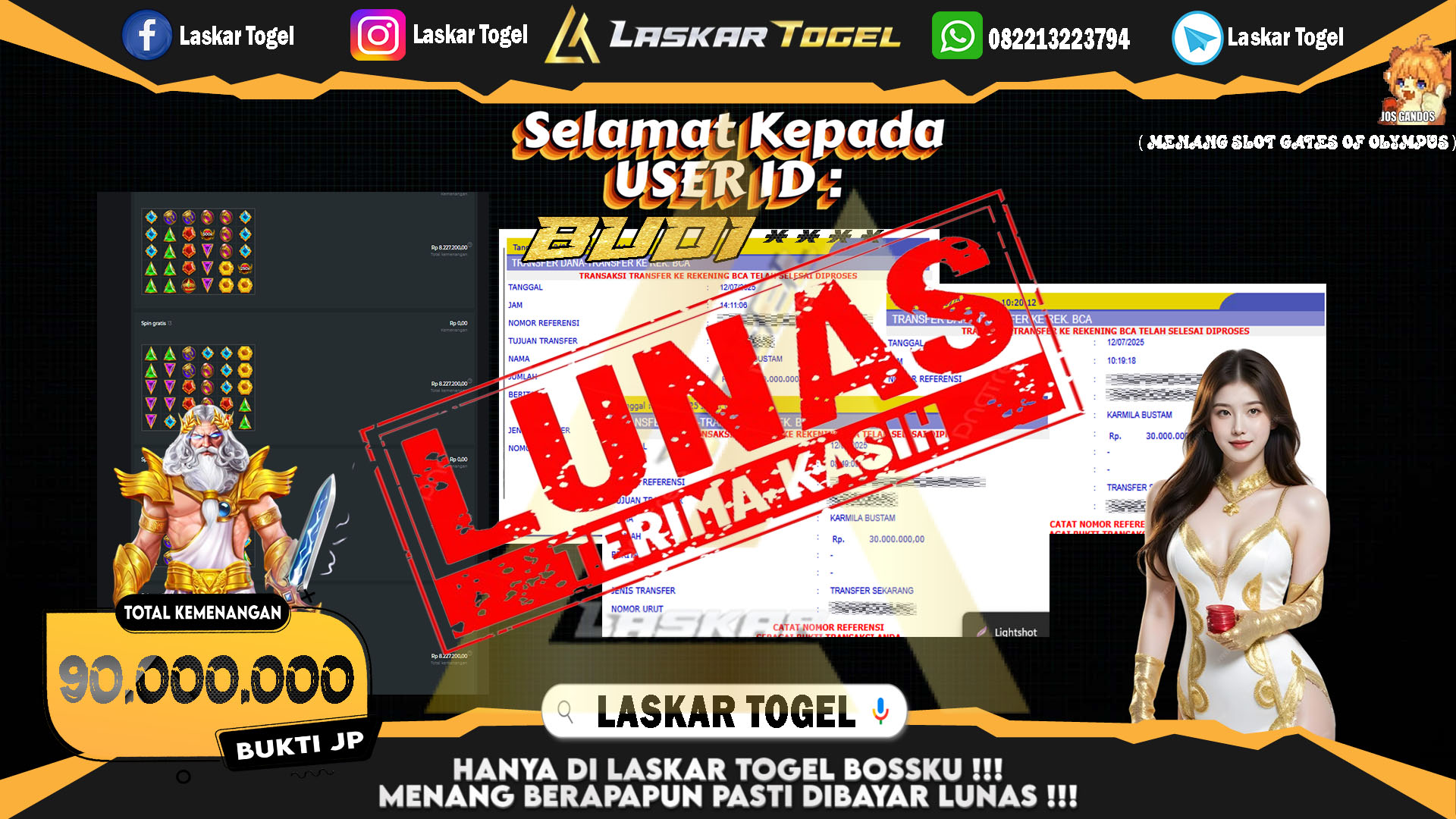 LASKARTOGEL JACKPOT SLOT GATES OF OLYMPUS Rp.90.000.000.,- LUNAS