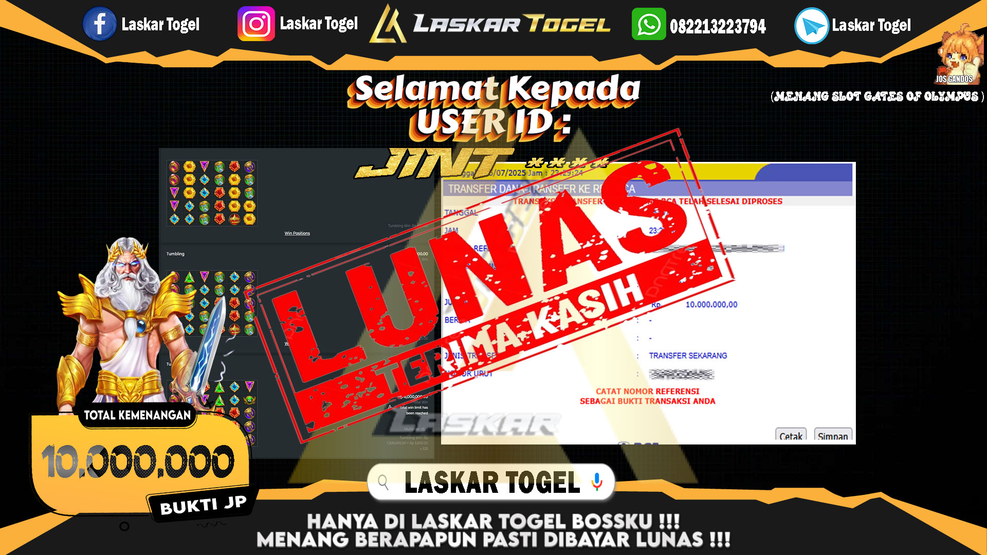 LASKARTOGEL JACKPOT SLOT GATES OF OLYMPUS Rp.10.000.000.,- LUNAS