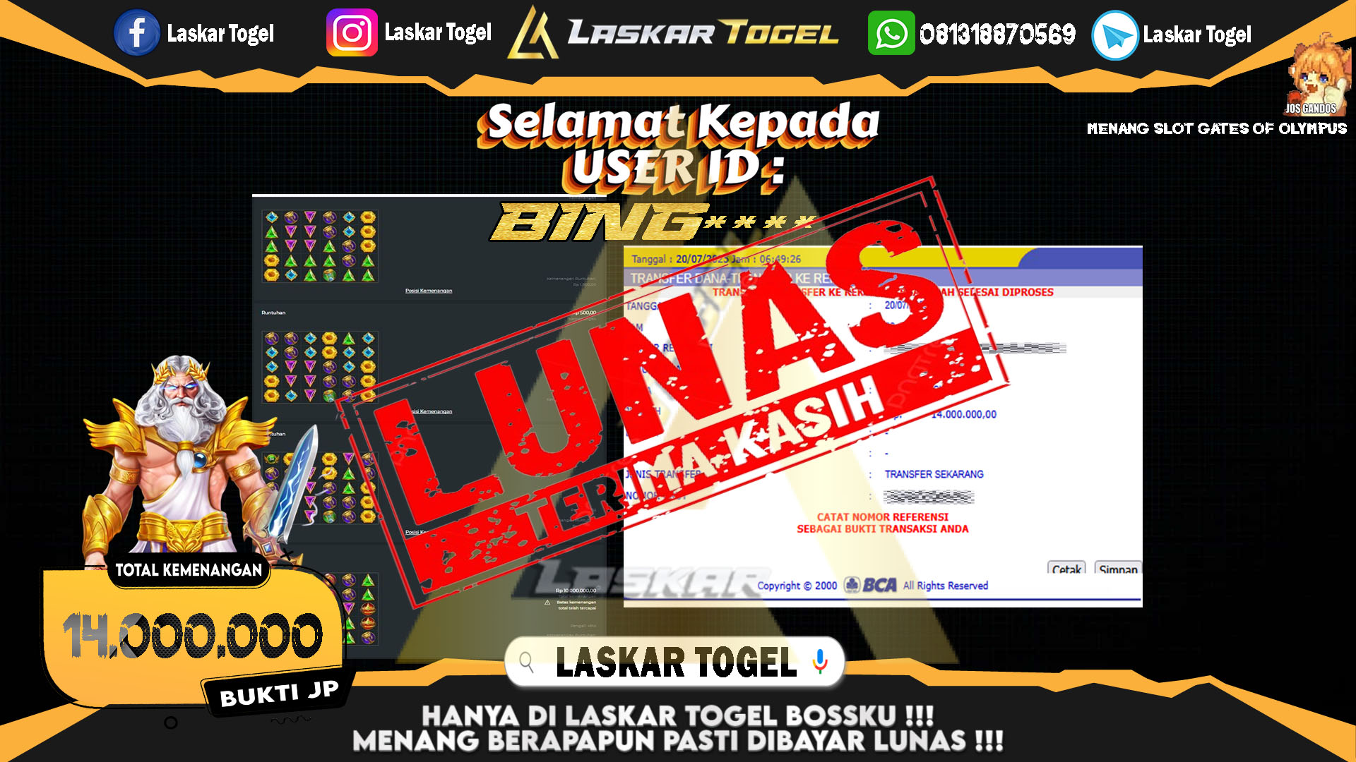 LASKARTOGEL JACKPOT SLOT GATES OF OLYMPUS Rp.14.000.000.,- LUNAS